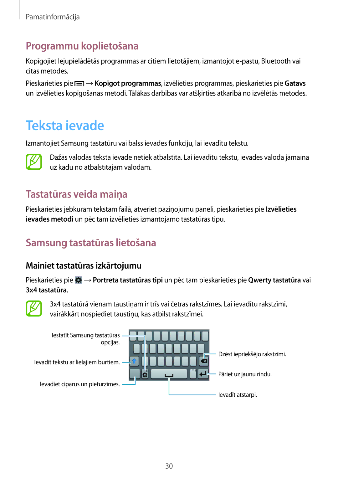 Samsung GT-S6790ZWYSEB manual Teksta ievade, Programmu koplietošana, Tastatūras veida maiņa, Samsung tastatūras lietošana 