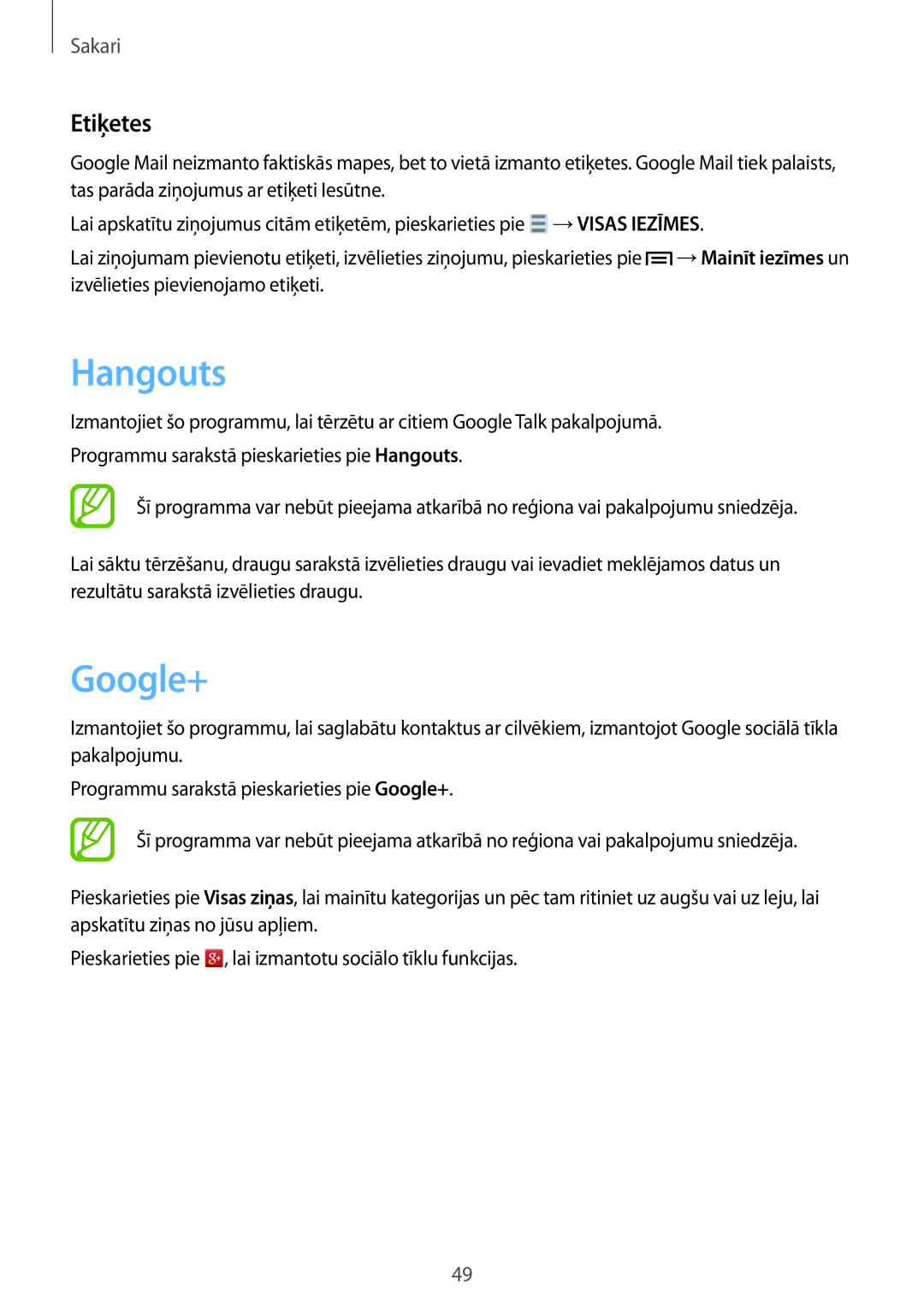 Samsung GT-S6790PWNSEB, GT-S6790ZWYSEB, GT-S6790MKNSEB manual Hangouts, Google+, Etiķetes 