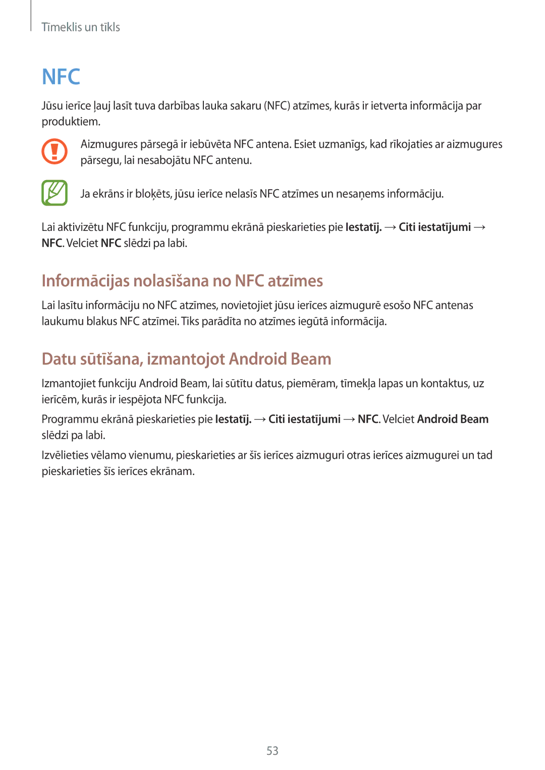 Samsung GT-S6790MKNSEB, GT-S6790ZWYSEB manual Informācijas nolasīšana no NFC atzīmes, Datu sūtīšana, izmantojot Android Beam 