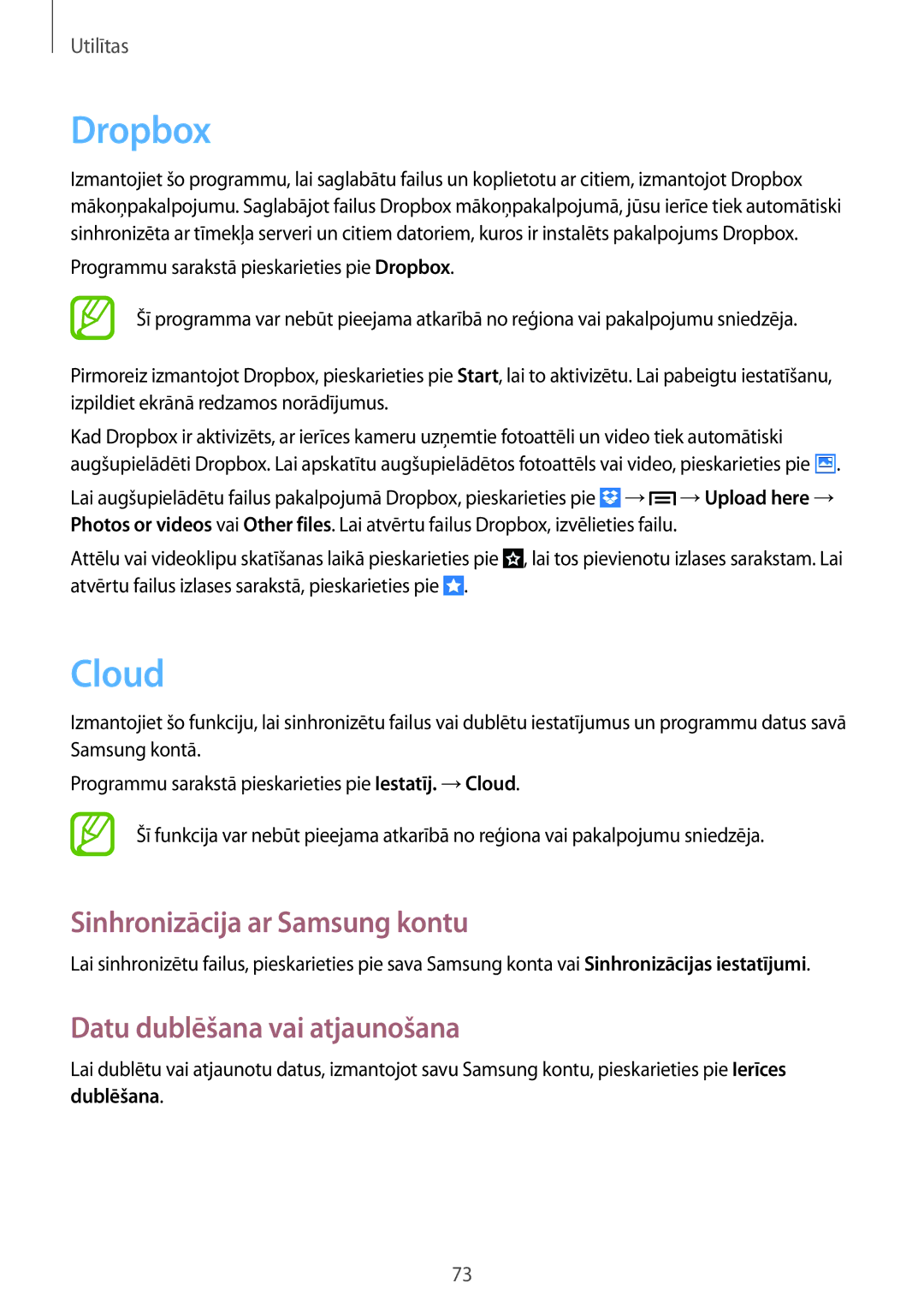 Samsung GT-S6790PWNSEB, GT-S6790ZWYSEB Dropbox, Cloud, Sinhronizācija ar Samsung kontu, Datu dublēšana vai atjaunošana 