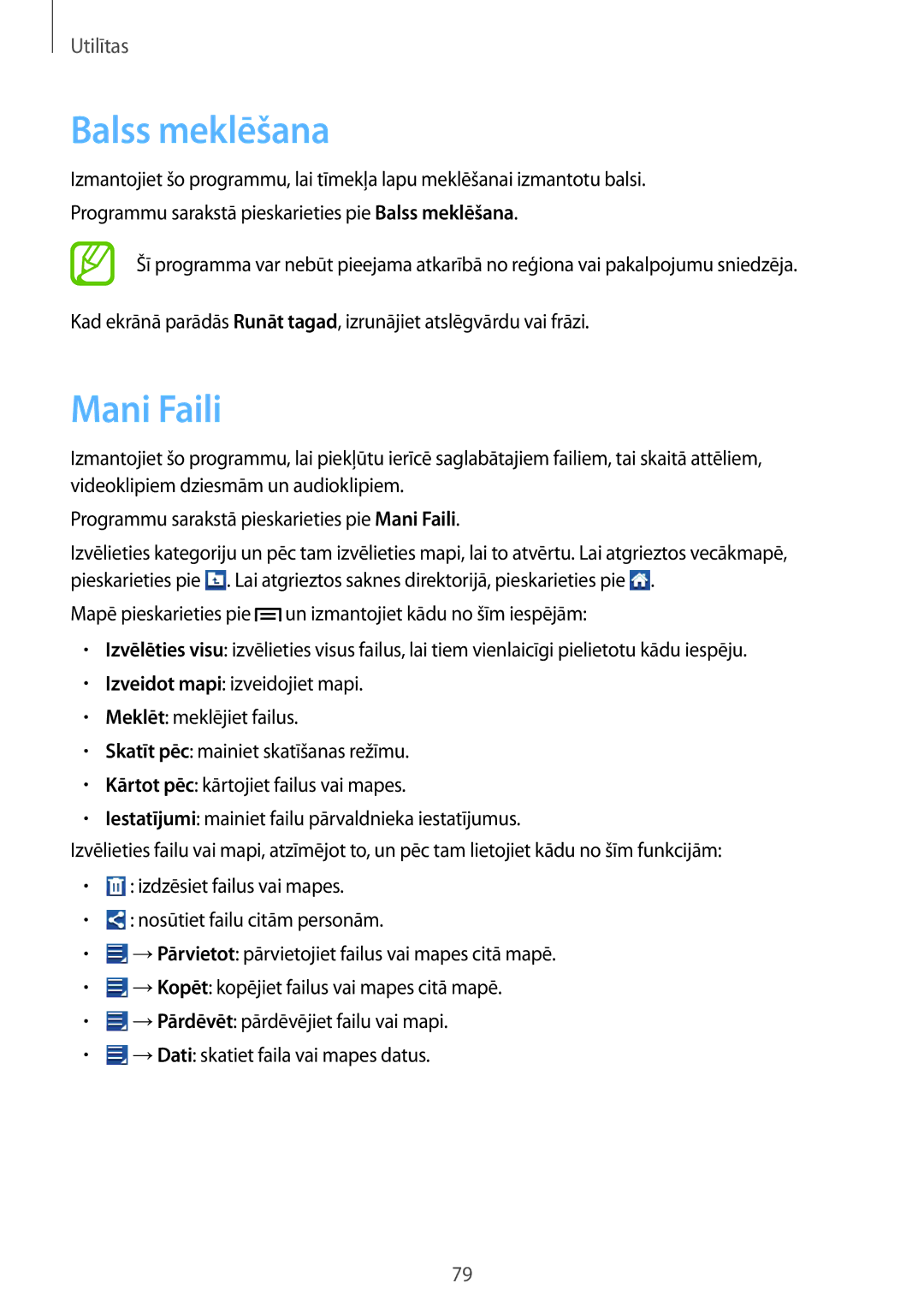 Samsung GT-S6790PWNSEB, GT-S6790ZWYSEB, GT-S6790MKNSEB manual Balss meklēšana, Mani Faili 