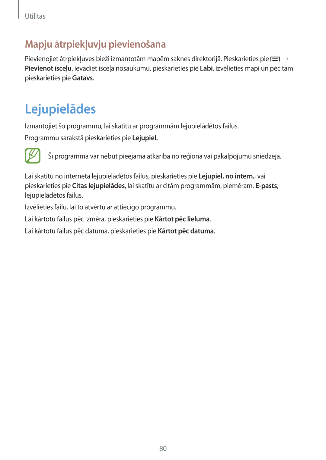 Samsung GT-S6790MKNSEB, GT-S6790ZWYSEB, GT-S6790PWNSEB manual Lejupielādes, Mapju ātrpiekļuvju pievienošana 