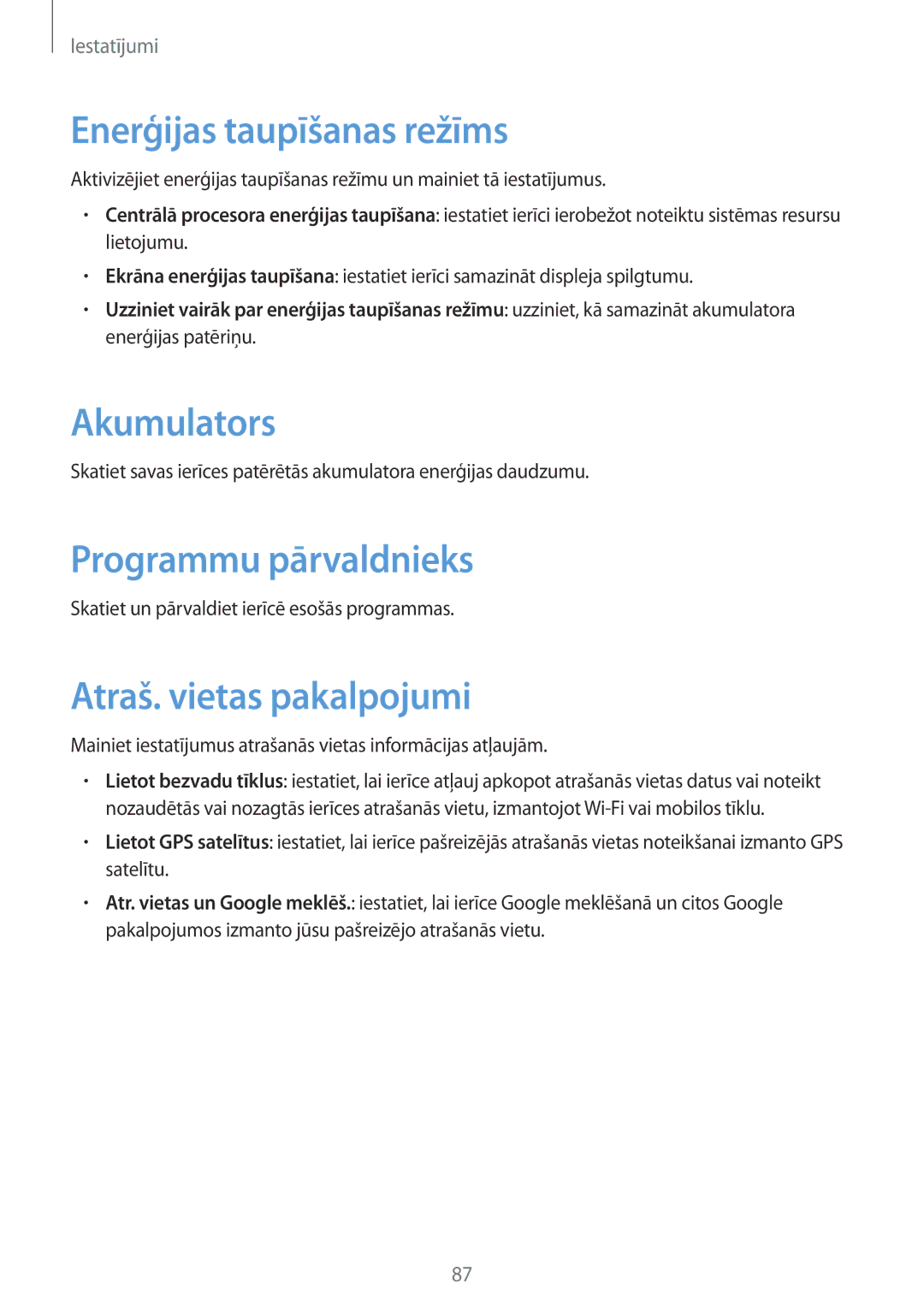 Samsung GT-S6790ZWYSEB manual Enerģijas taupīšanas režīms, Akumulators, Programmu pārvaldnieks, Atraš. vietas pakalpojumi 