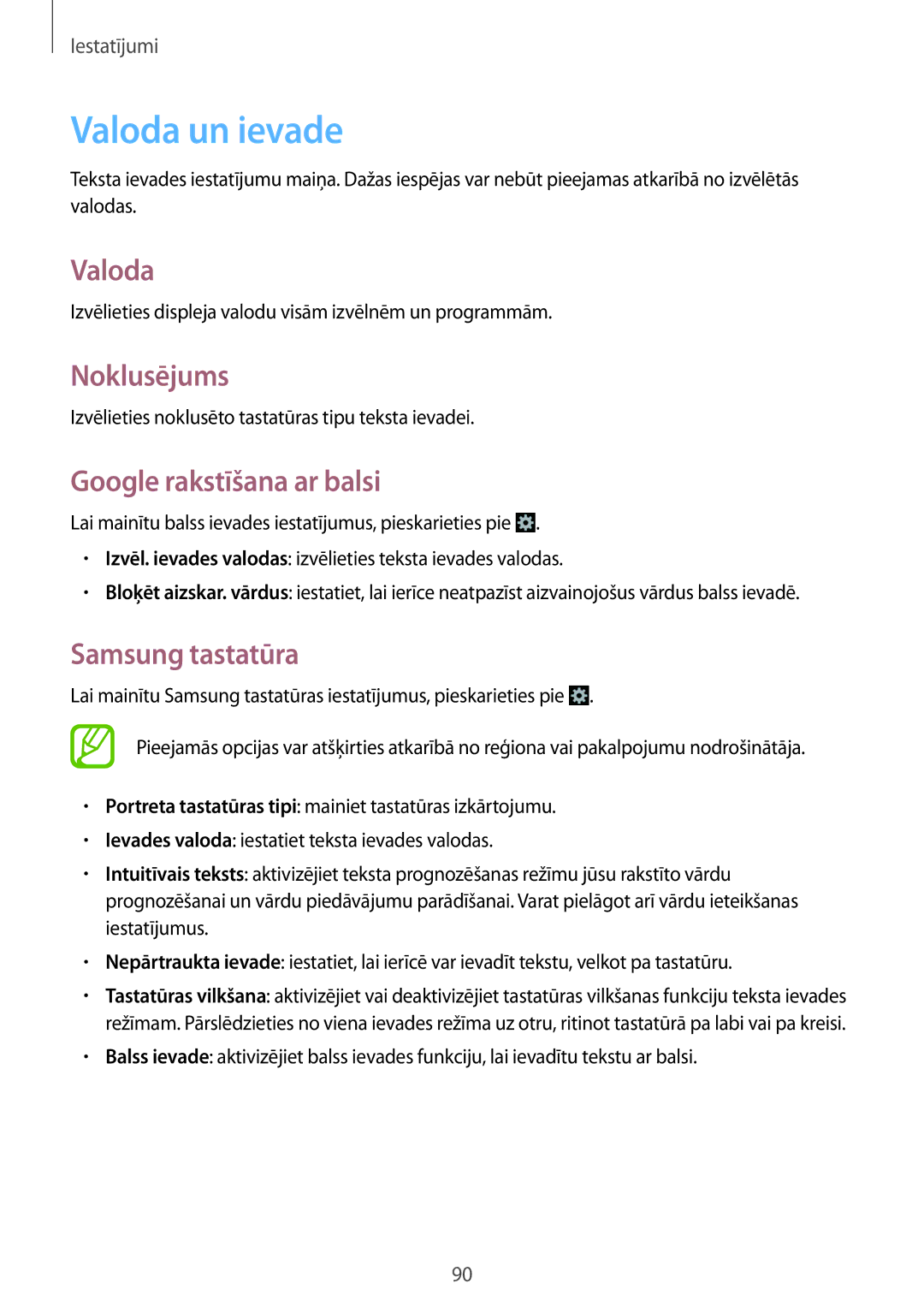 Samsung GT-S6790ZWYSEB, GT-S6790PWNSEB manual Valoda un ievade, Noklusējums, Google rakstīšana ar balsi, Samsung tastatūra 