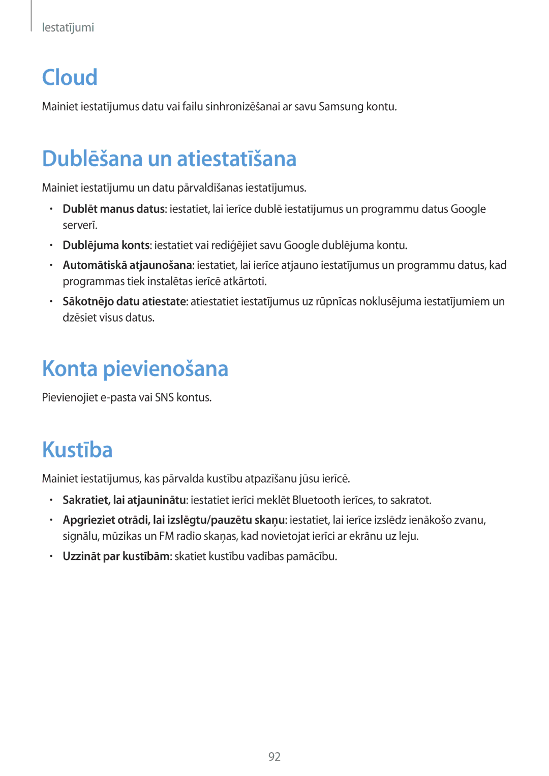 Samsung GT-S6790MKNSEB manual Dublēšana un atiestatīšana, Konta pievienošana, Kustība, Pievienojiet e-pasta vai SNS kontus 