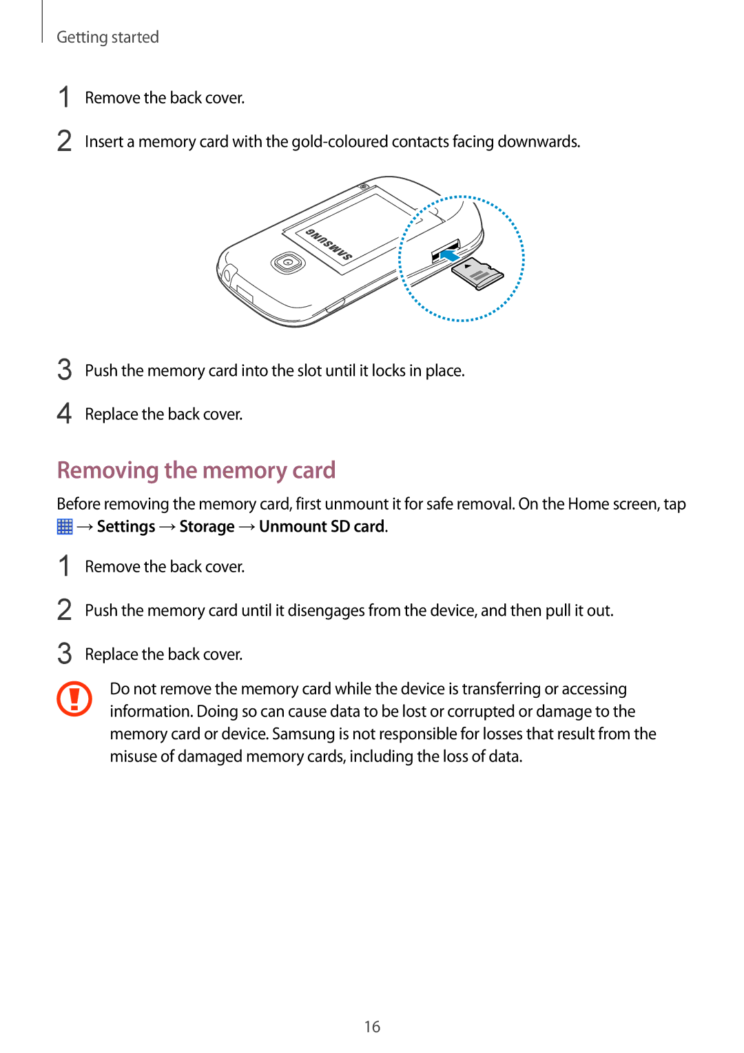 Samsung GT-S6790PWNOMN, GT-S6790ZWYSEB, GT-S6790PWNTPH manual Removing the memory card, →Settings →Storage →Unmount SD card 