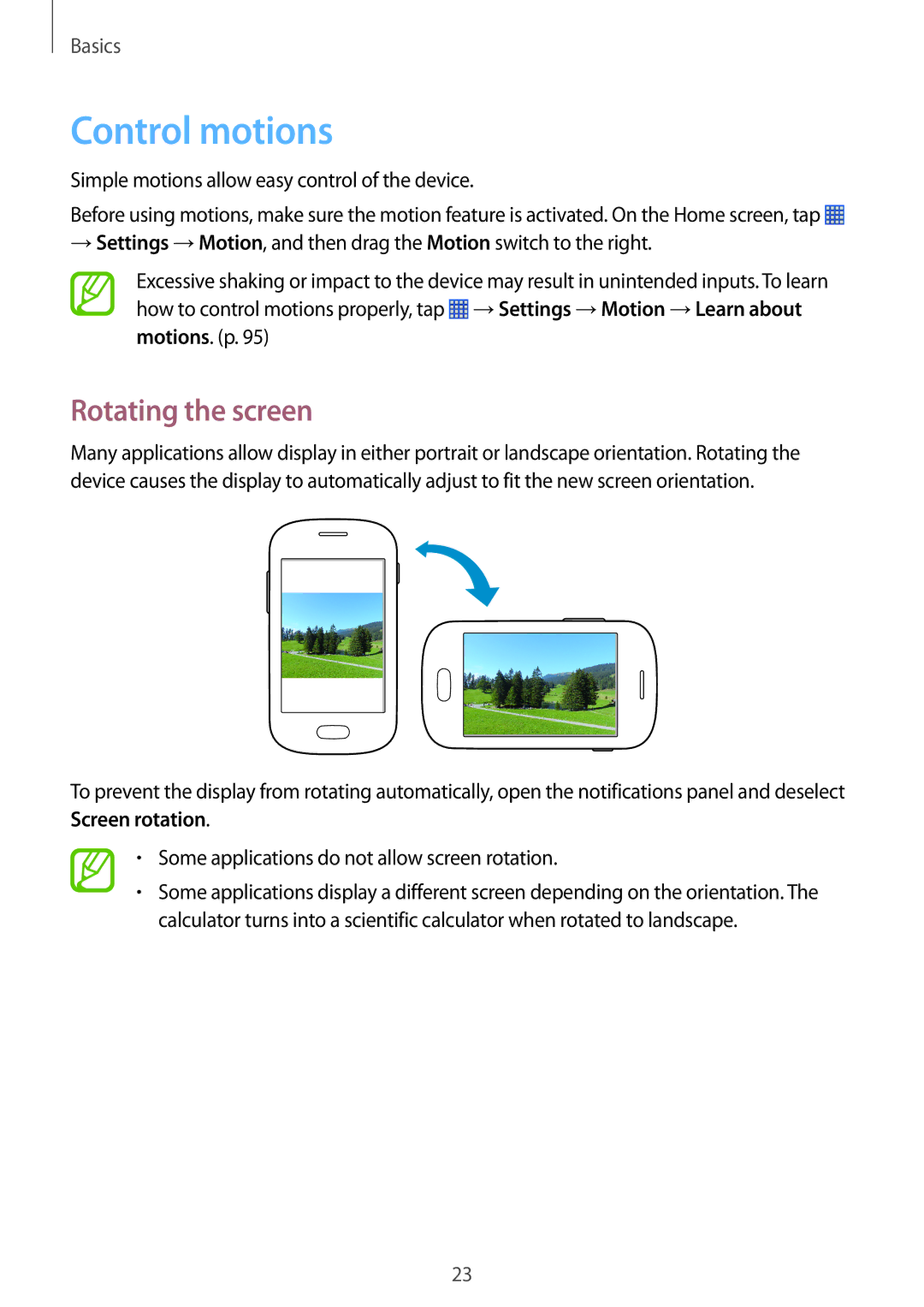 Samsung GT-S6790MKNPAN manual Control motions, Rotating the screen, Simple motions allow easy control of the device 
