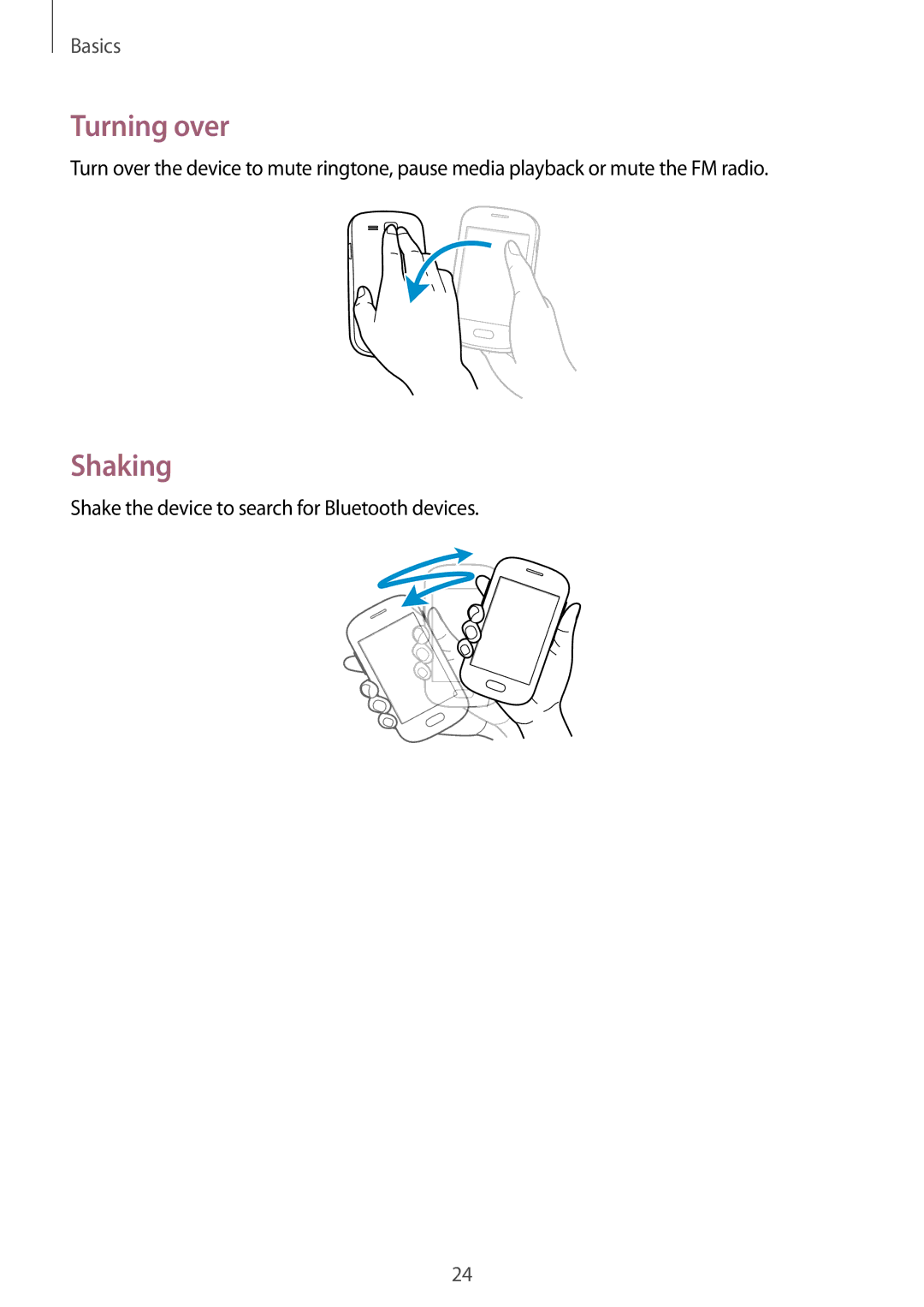 Samsung GT-S6790PWNTMH, GT-S6790ZWYSEB manual Turning over, Shaking, Shake the device to search for Bluetooth devices 