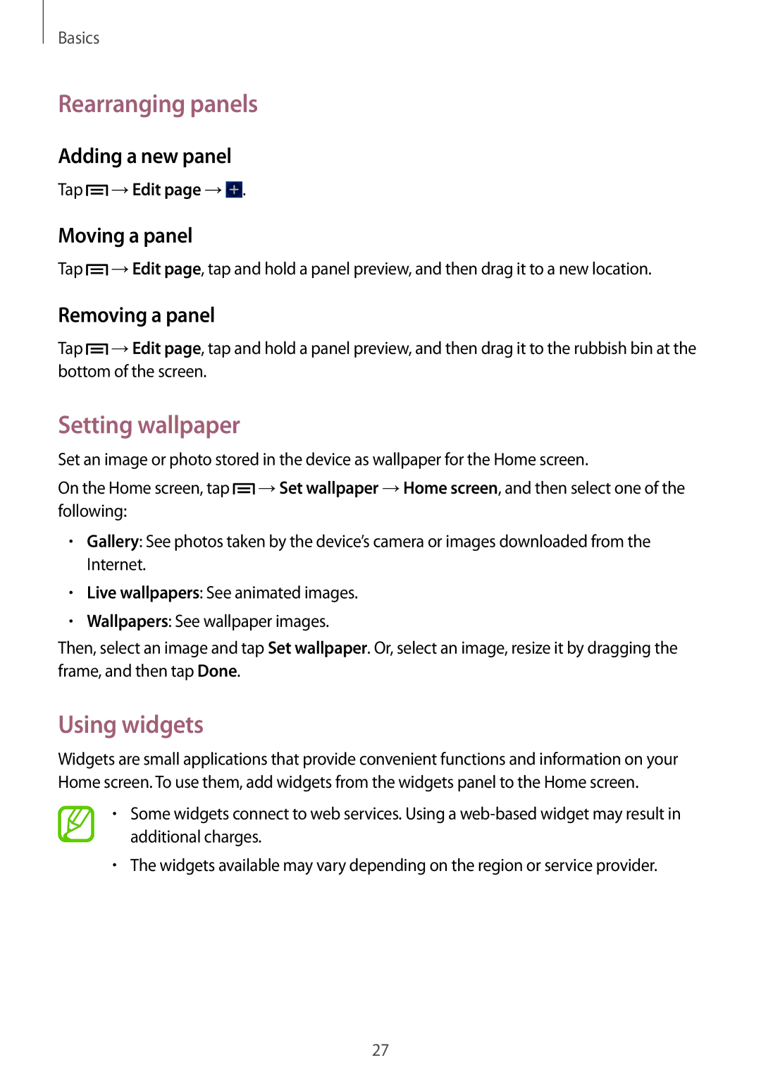 Samsung GT-S6790MKNO2C, GT-S6790ZWYSEB, GT-S6790PWNTPH, GT-S6790MKNDBT Rearranging panels, Setting wallpaper, Using widgets 