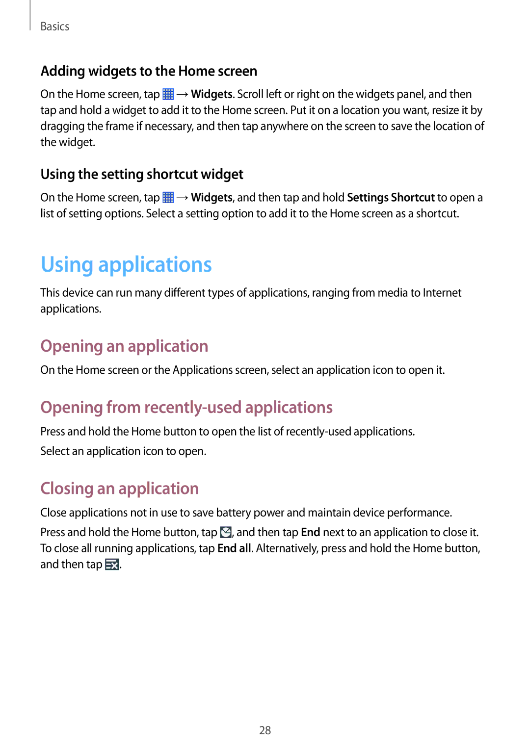 Samsung GT-S6790MKNNEE, GT-S6790ZWYSEB Using applications, Opening an application, Opening from recently-used applications 