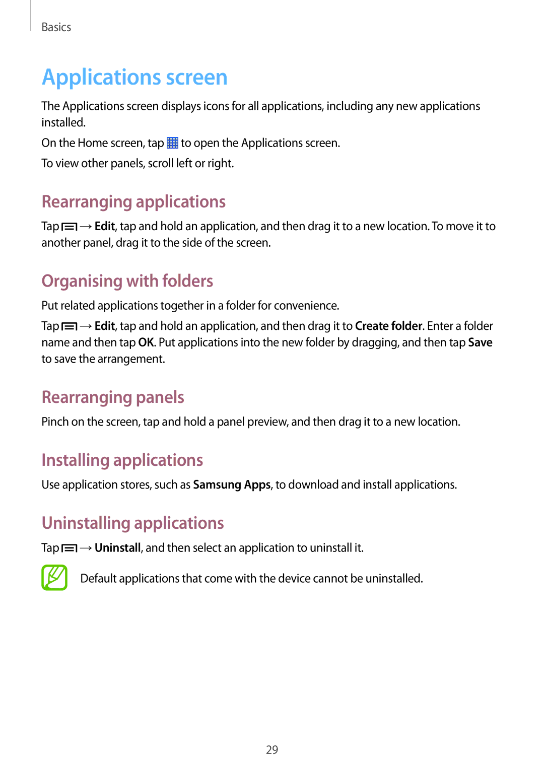 Samsung GT-S6790PWNNEE Applications screen, Rearranging applications, Organising with folders, Installing applications 