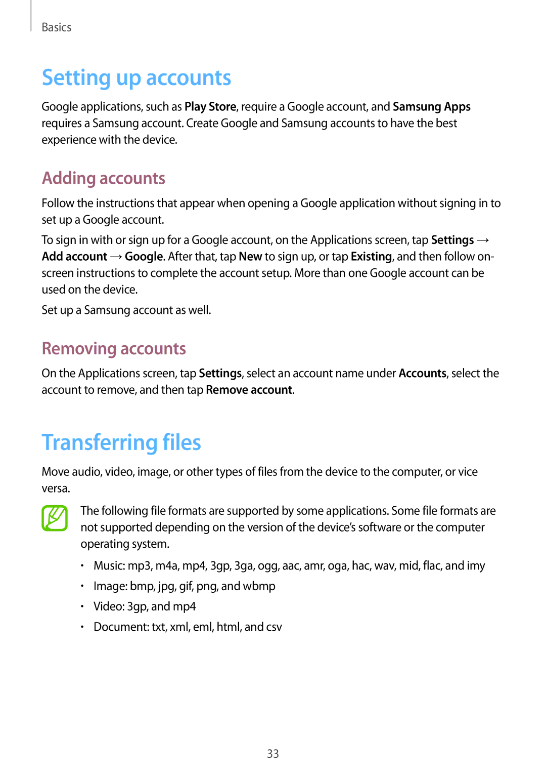 Samsung GT-S6790MKNXEH, GT-S6790ZWYSEB manual Setting up accounts, Transferring files, Adding accounts, Removing accounts 