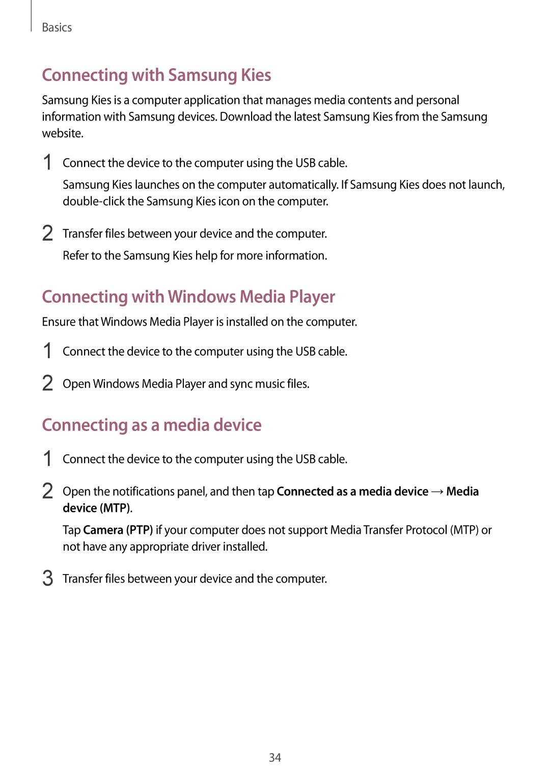 Samsung GT-S6790PWNXEH Connecting with Samsung Kies, Connecting with Windows Media Player, Connecting as a media device 