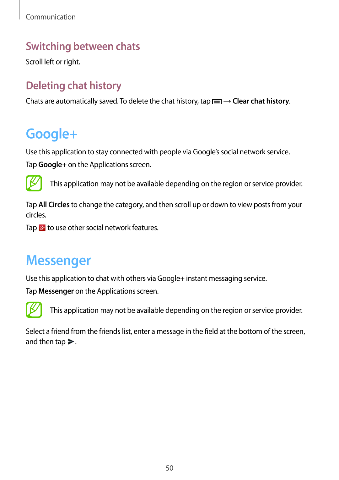 Samsung GT-S6790PWNTIM manual Google+, Messenger, Switching between chats, Deleting chat history, Scroll left or right 
