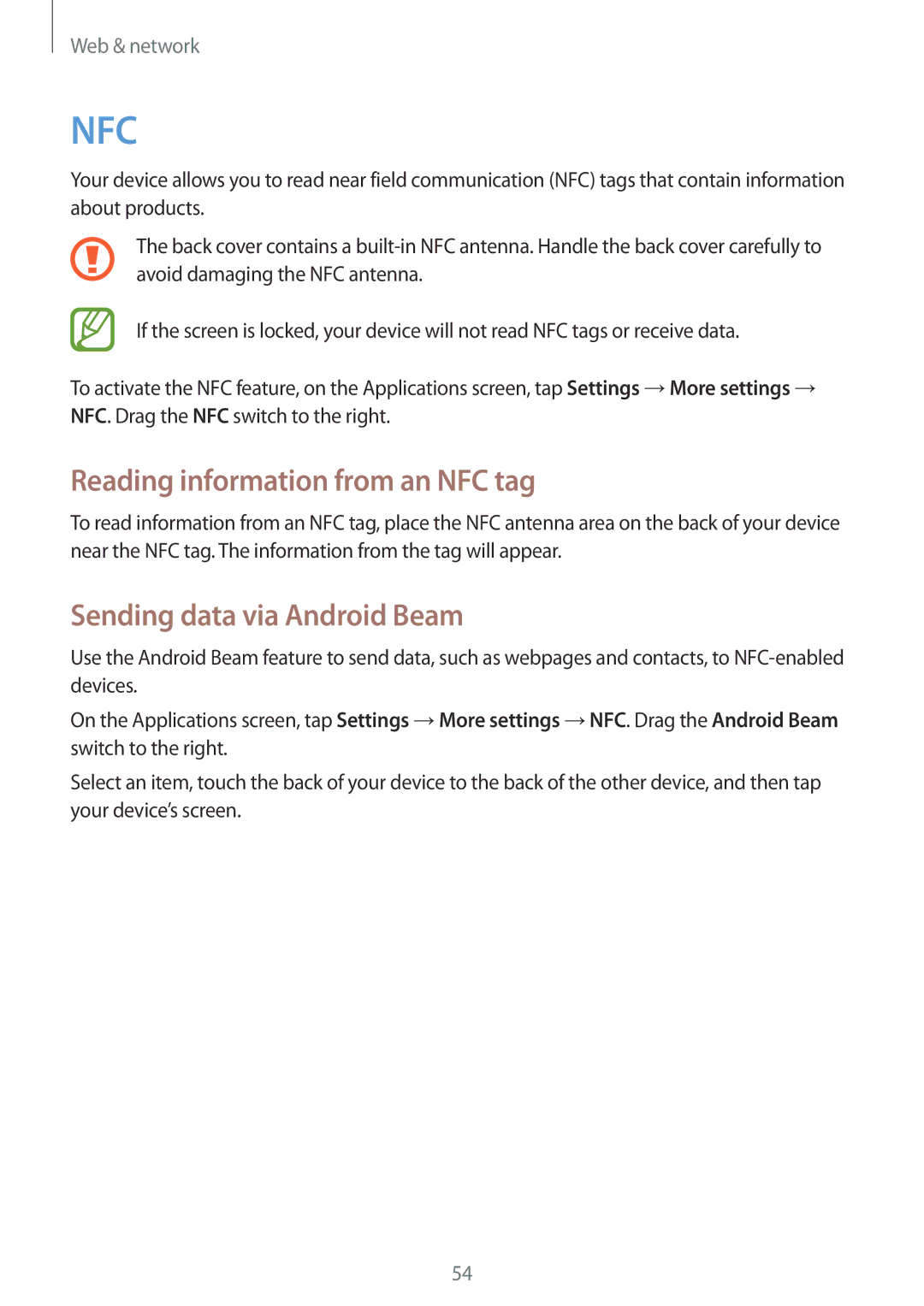 Samsung GT-S6790PWNPAN, GT-S6790ZWYSEB, GT-S6790PWNTPH Reading information from an NFC tag, Sending data via Android Beam 