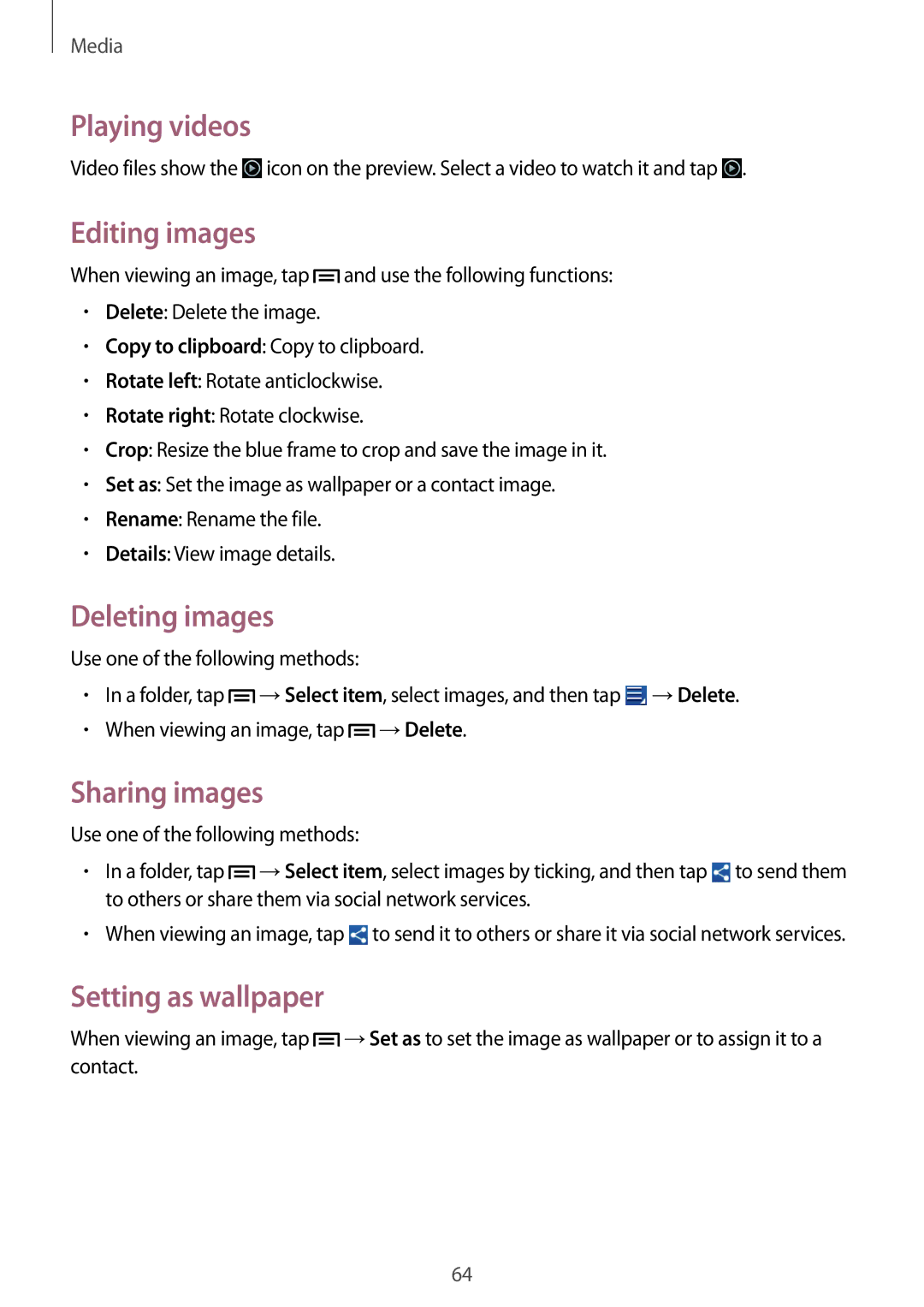 Samsung GT-S6790PWNNEE manual Playing videos, Editing images, Deleting images, Sharing images, Setting as wallpaper 