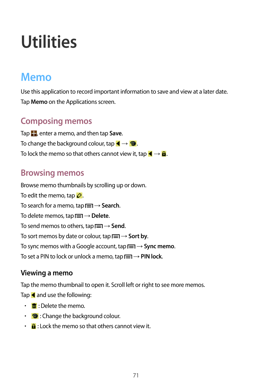 Samsung GT-S6790PWNTPH, GT-S6790ZWYSEB, GT-S6790MKNDBT Utilities, Memo, Composing memos, Browsing memos, Viewing a memo 