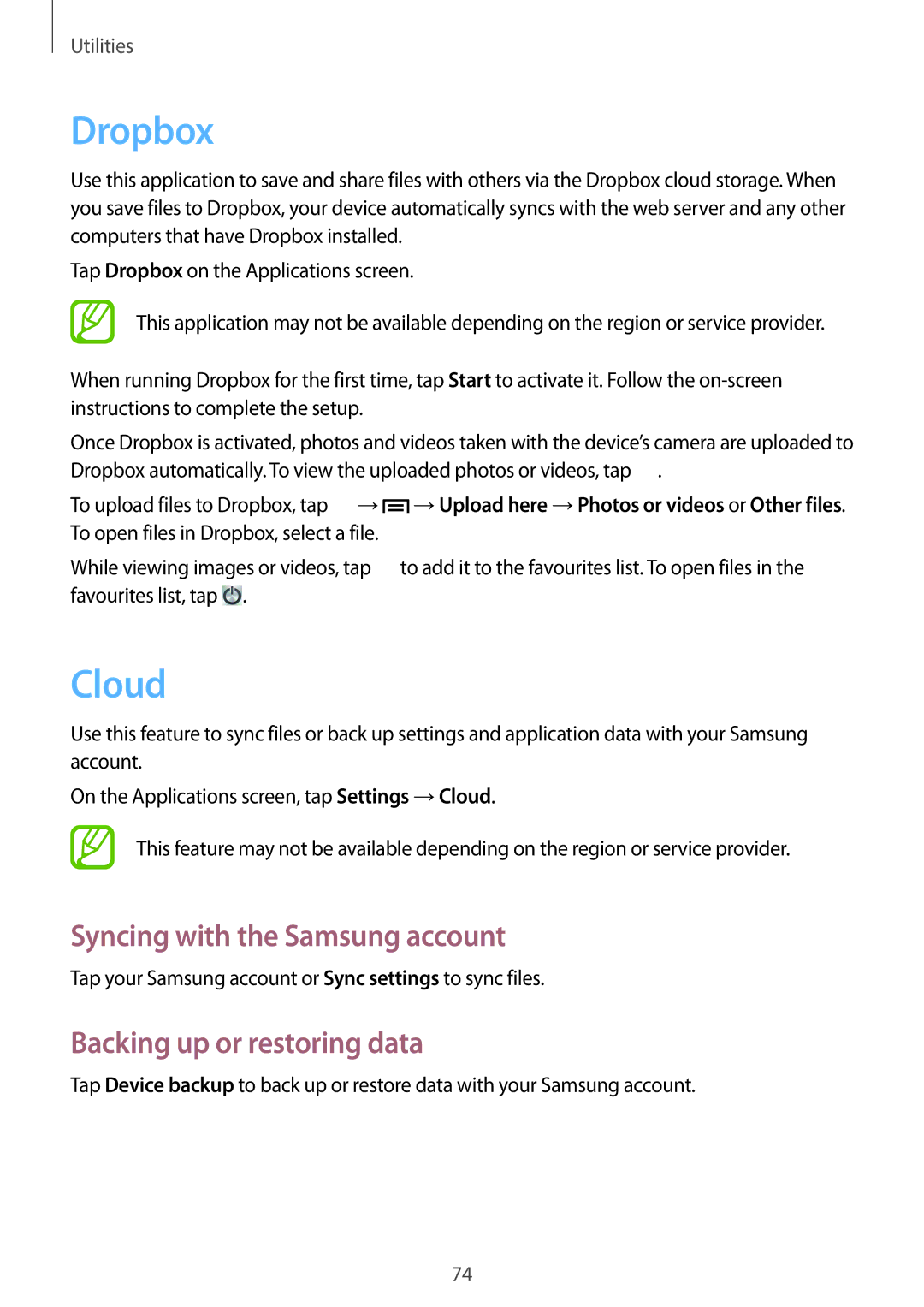 Samsung GT-S6790PWNSEB, GT-S6790ZWYSEB manual Dropbox, Cloud, Syncing with the Samsung account, Backing up or restoring data 