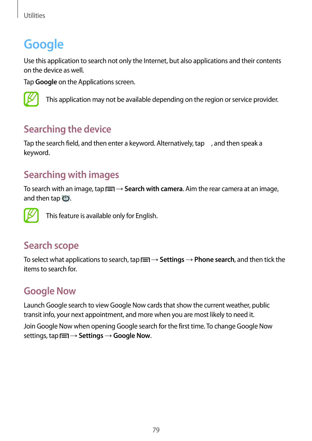 Samsung GT-S6790PWNXEF, GT-S6790ZWYSEB manual Searching the device, Searching with images, Search scope, Google Now 