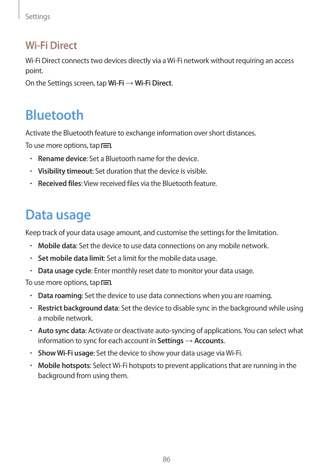 Samsung GT-S6790PWNOMN, GT-S6790ZWYSEB, GT-S6790PWNTPH, GT-S6790MKNDBT, GT-S6790PWNDBT manual Data usage, Wi-Fi Direct 