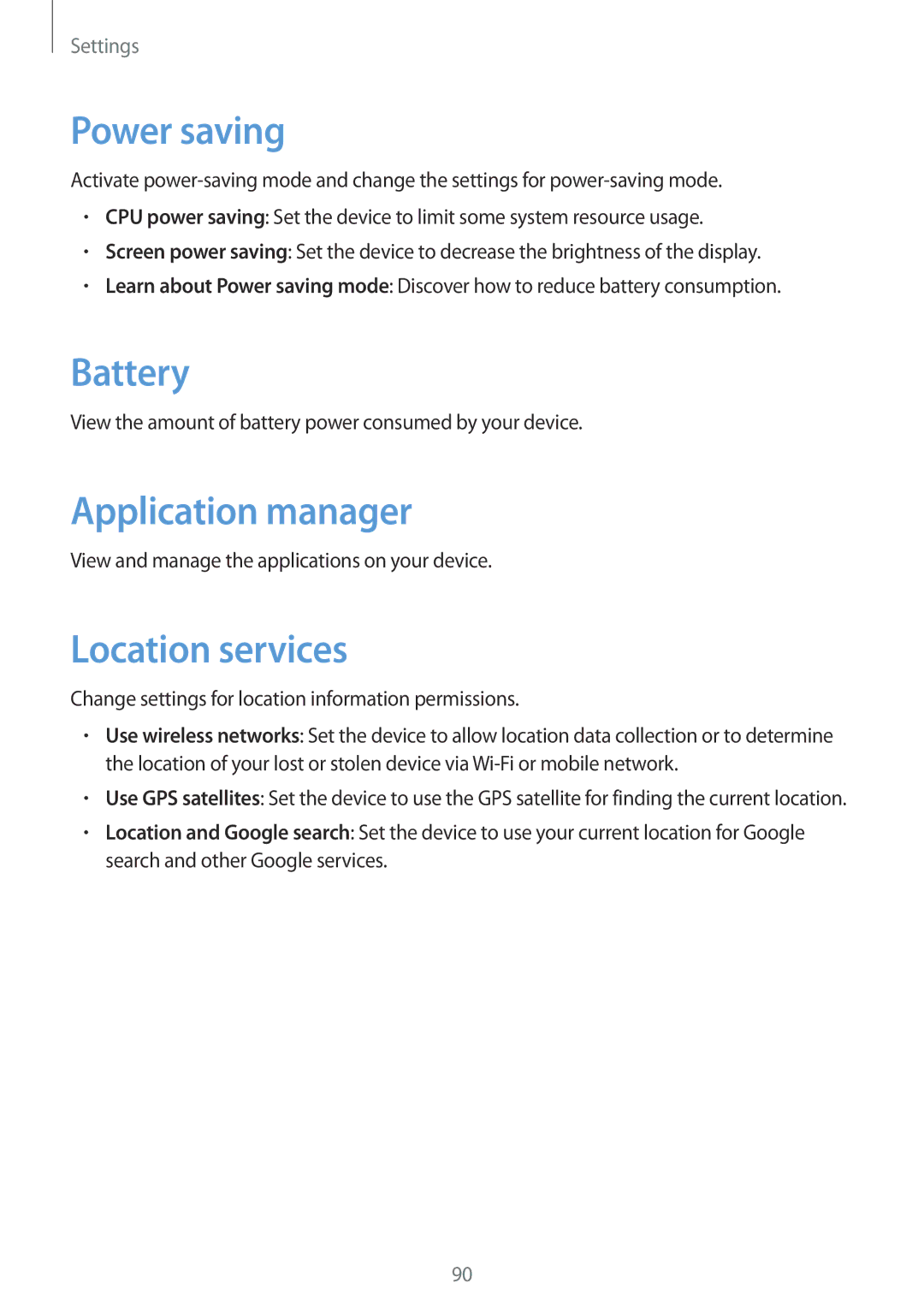 Samsung GT-S6790PWNATO, GT-S6790ZWYSEB, GT-S6790PWNTPH manual Power saving, Battery, Application manager, Location services 