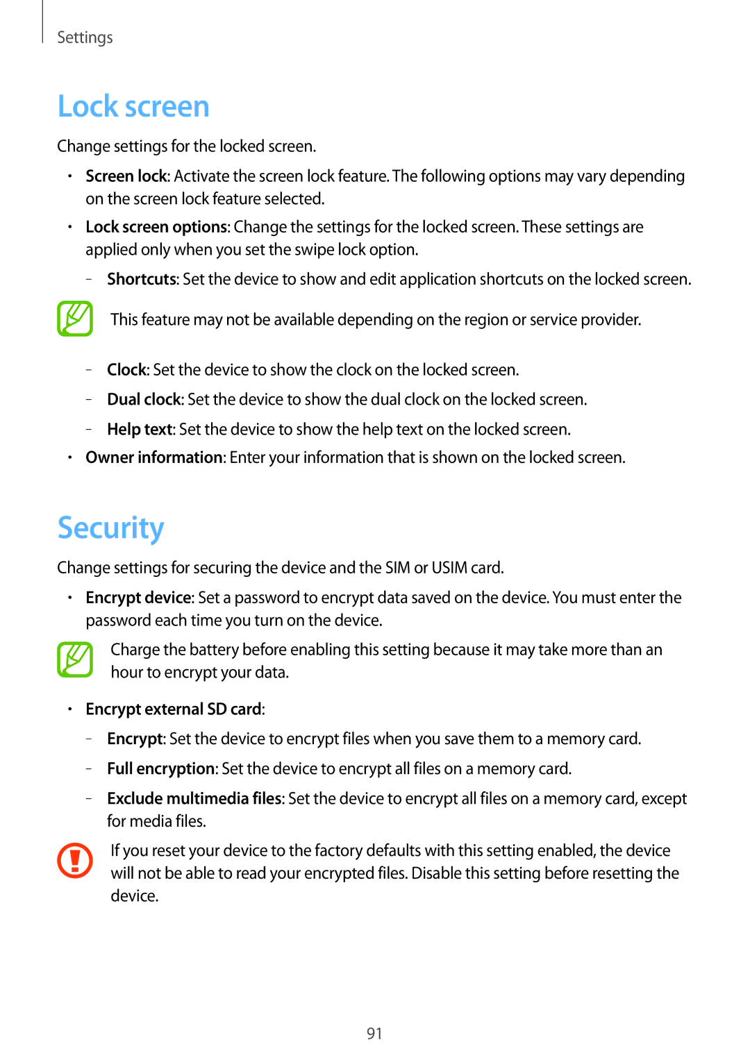 Samsung GT-S6790MKNTMH, GT-S6790ZWYSEB, GT-S6790PWNTPH, GT-S6790MKNDBT manual Lock screen, Security, Encrypt external SD card 