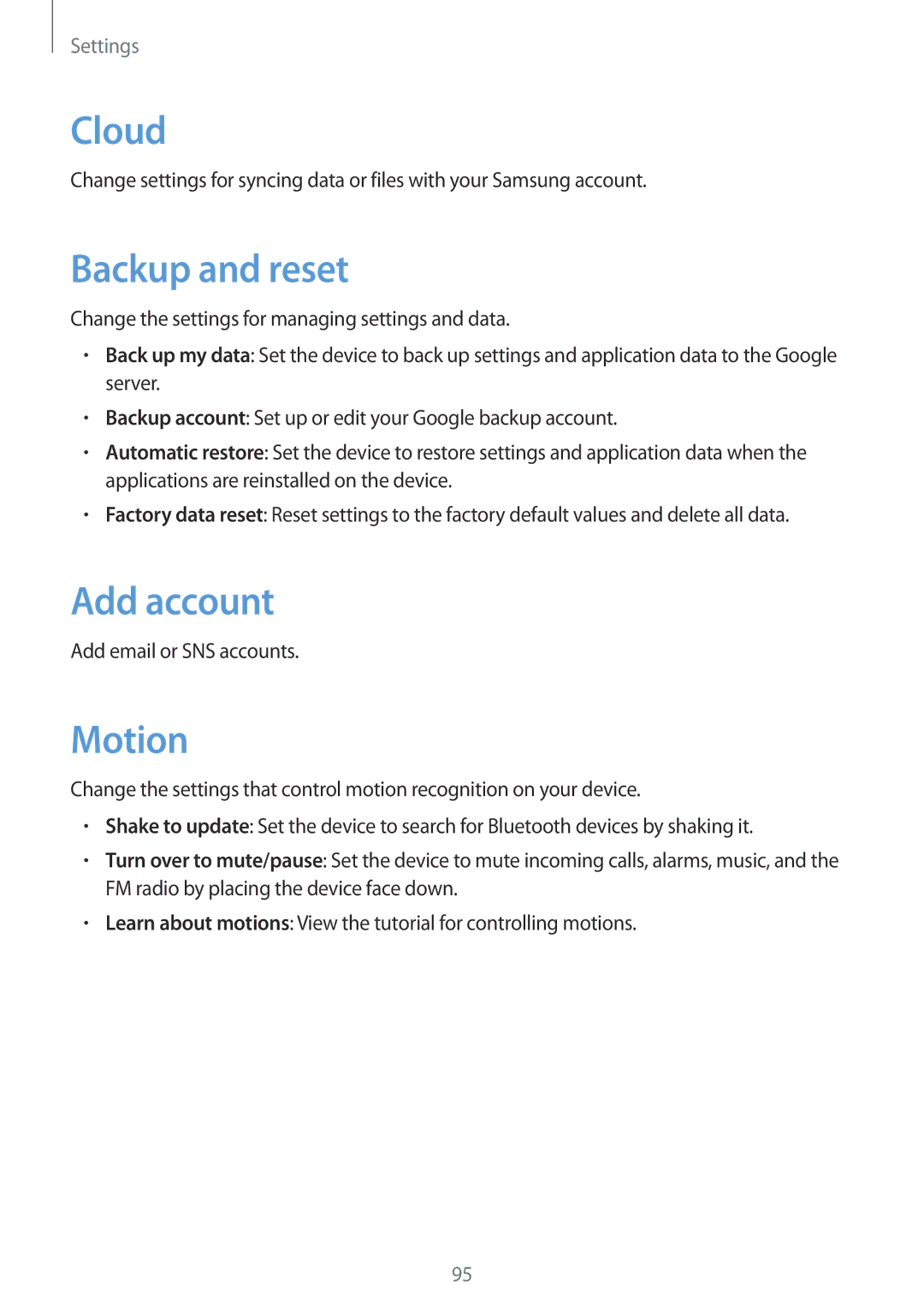 Samsung GT-S6790PWNO2C, GT-S6790ZWYSEB, GT-S6790PWNTPH Backup and reset, Add account, Motion, Add email or SNS accounts 