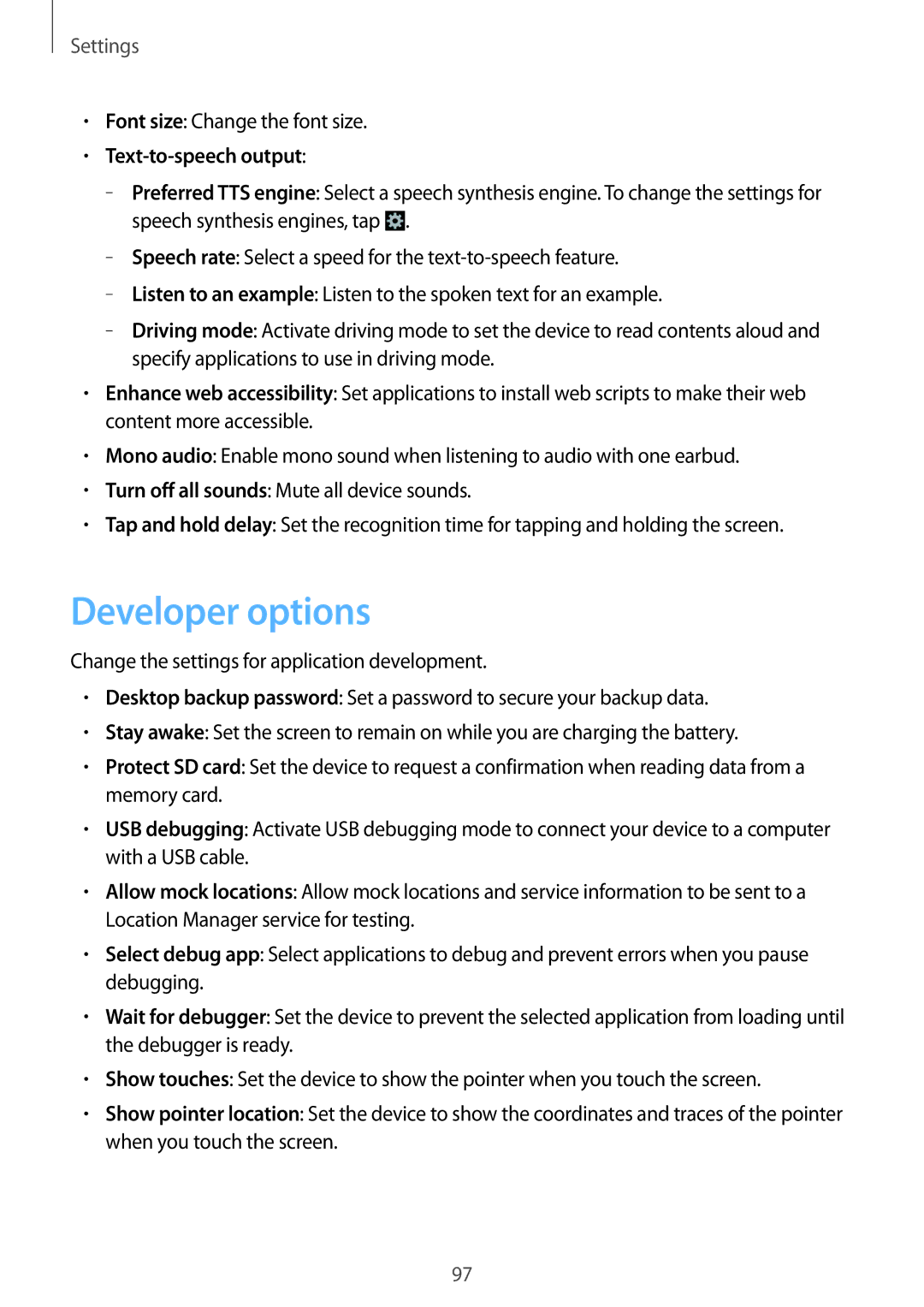 Samsung GT-S6790MKNO2C, GT-S6790ZWYSEB, GT-S6790PWNTPH, GT-S6790MKNDBT manual Developer options, Text-to-speech output 