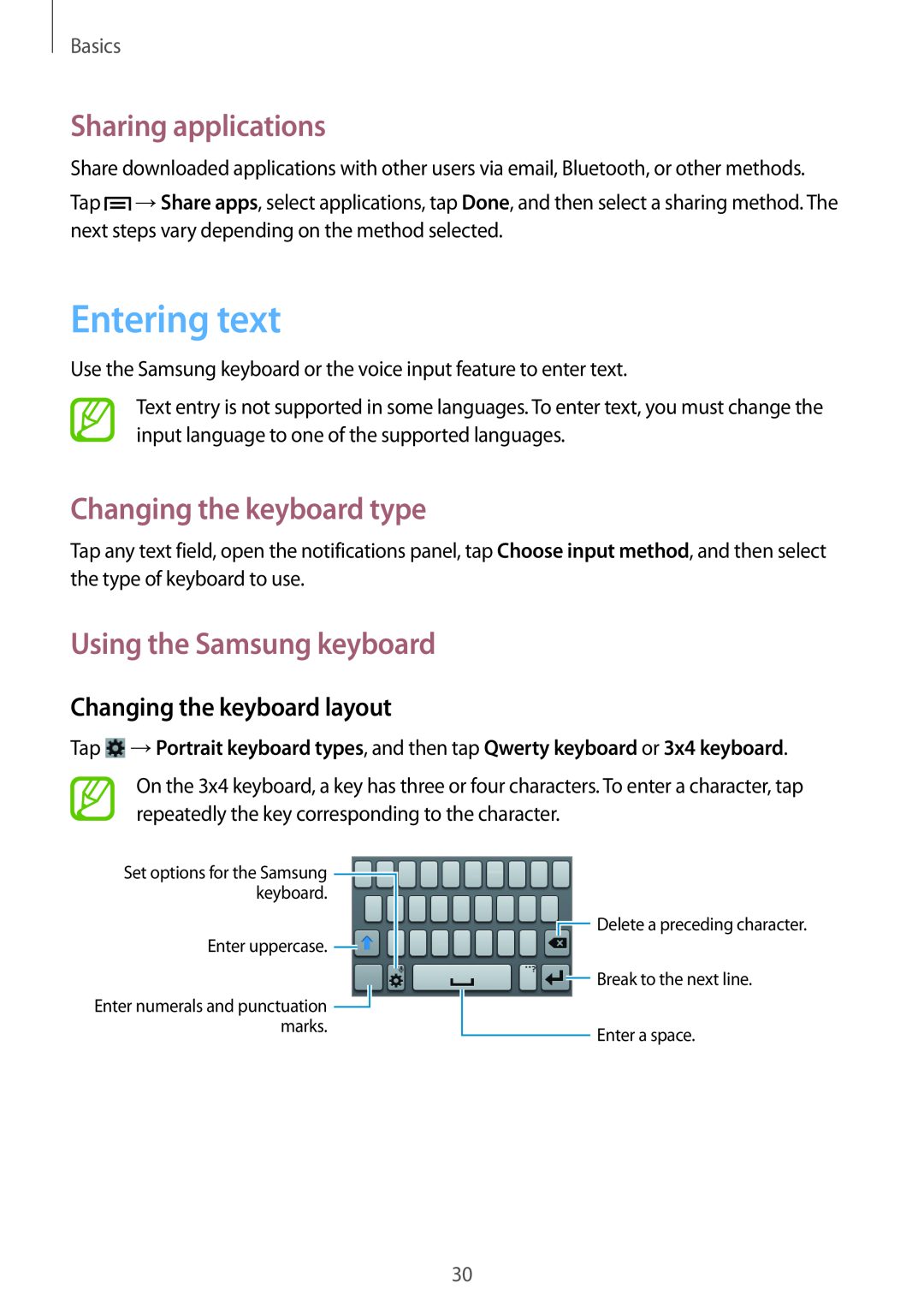 Samsung GT-S6790MKNSEB Entering text, Sharing applications, Changing the keyboard type, Using the Samsung keyboard, Basics 