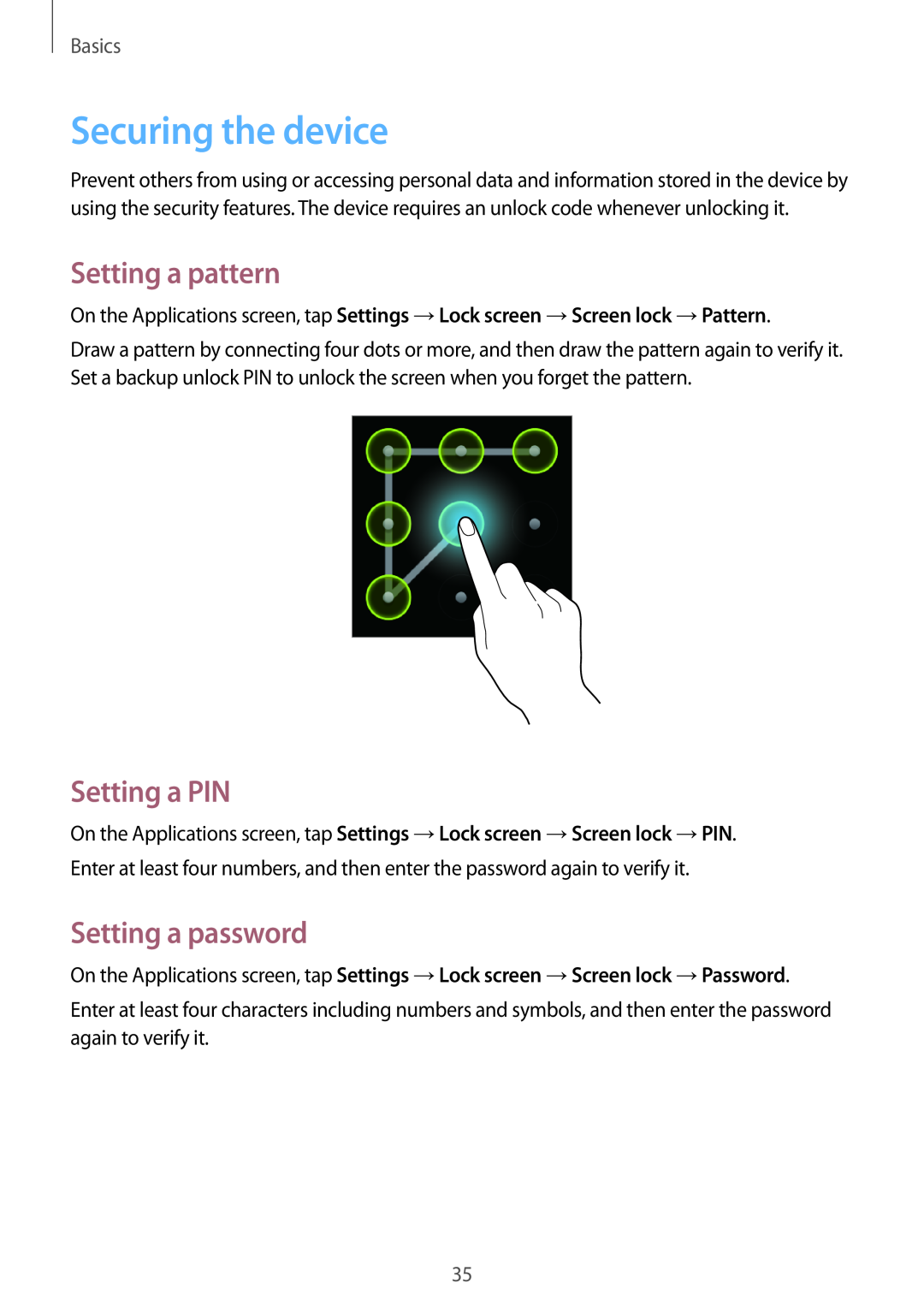 Samsung GT-S6790ZWYSEB, GT-S6790PWNTPH Securing the device, Setting a pattern, Setting a PIN, Setting a password, Basics 