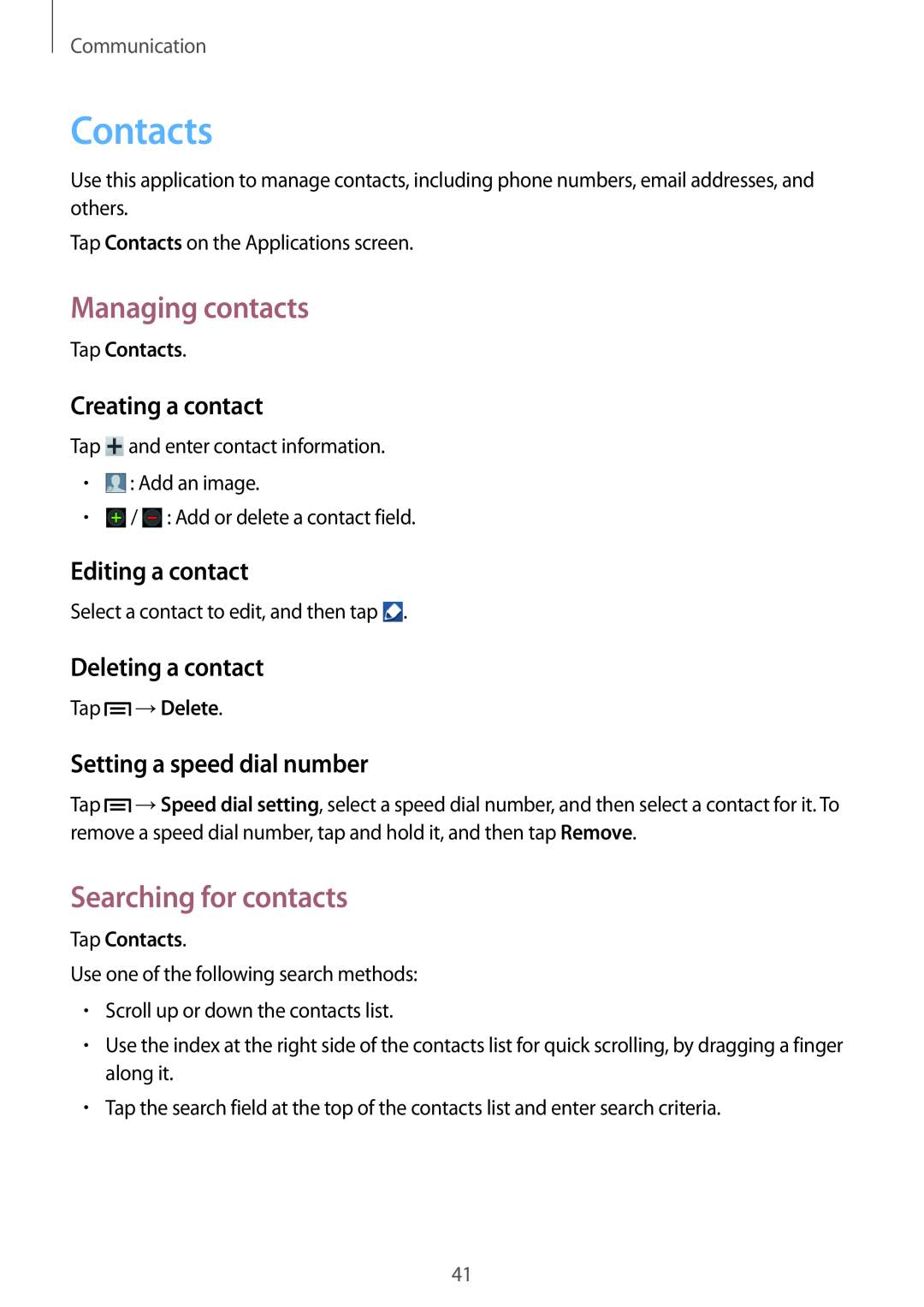 Samsung GT-S6790ZWYXEF manual Contacts, Managing contacts, Searching for contacts, Creating a contact, Editing a contact 