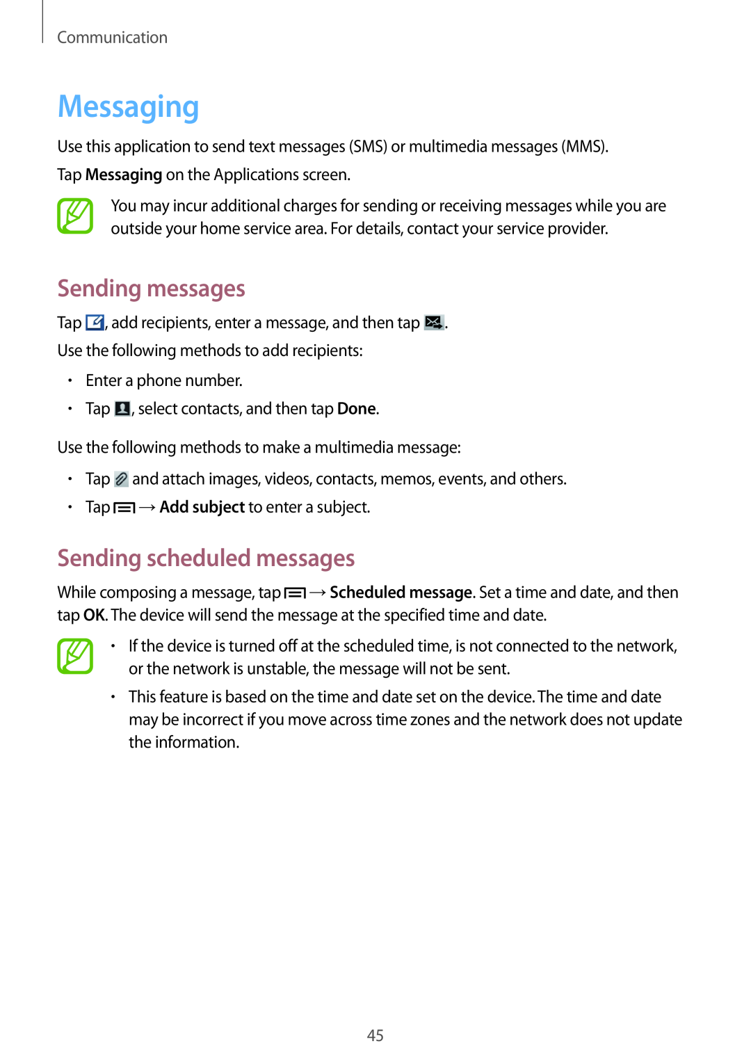 Samsung GT-S6790MKNITV, GT-S6790ZWYSEB manual Messaging, Sending messages, Sending scheduled messages, Communication 