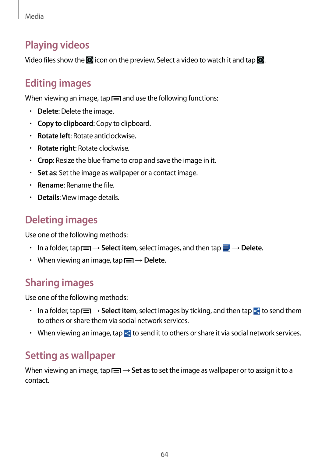Samsung GT-S6790PWNNEE manual Playing videos, Editing images, Deleting images, Sharing images, Setting as wallpaper, Media 