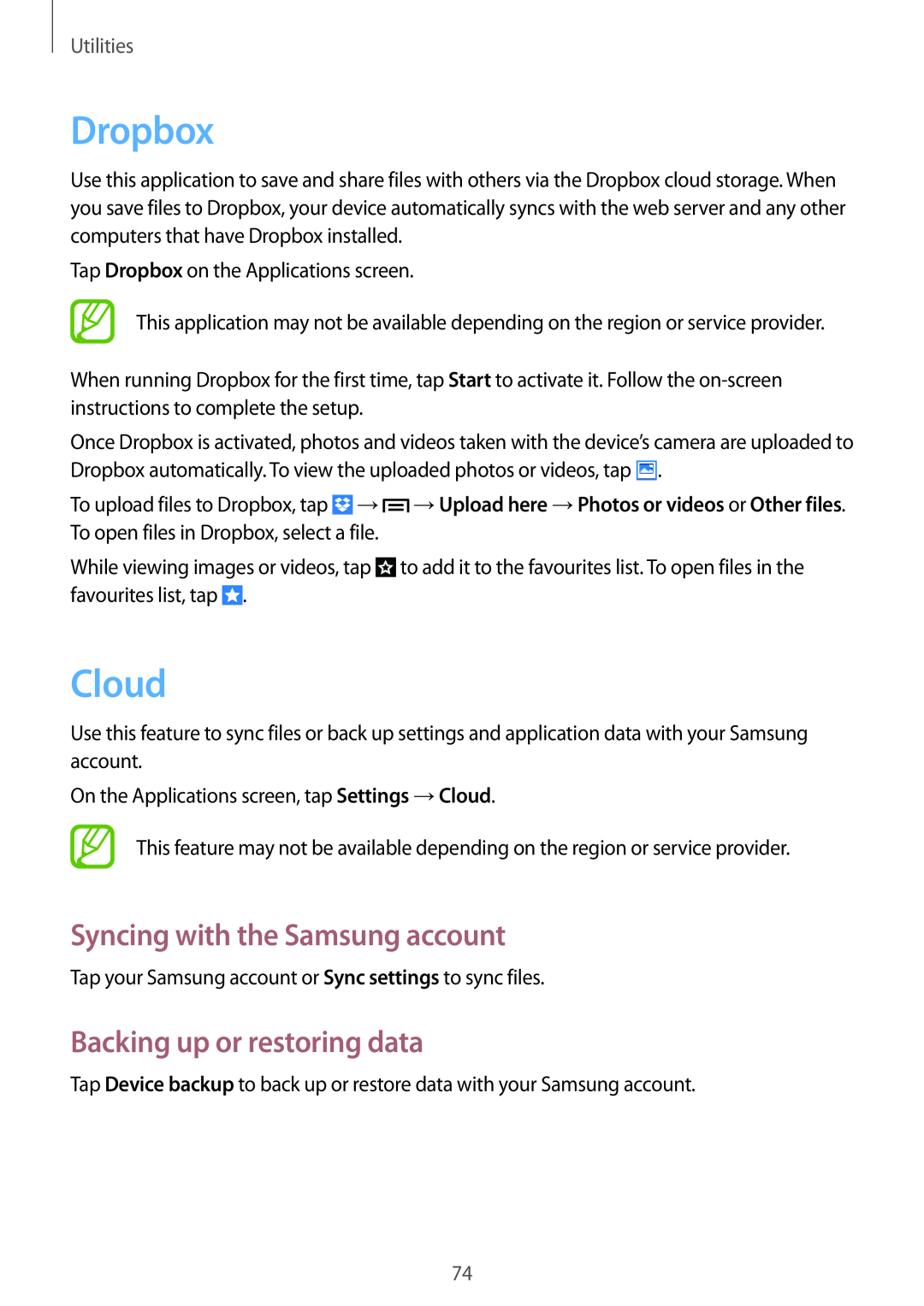 Samsung GT-S6790PWNSEB manual Dropbox, Cloud, Syncing with the Samsung account, Backing up or restoring data, Utilities 