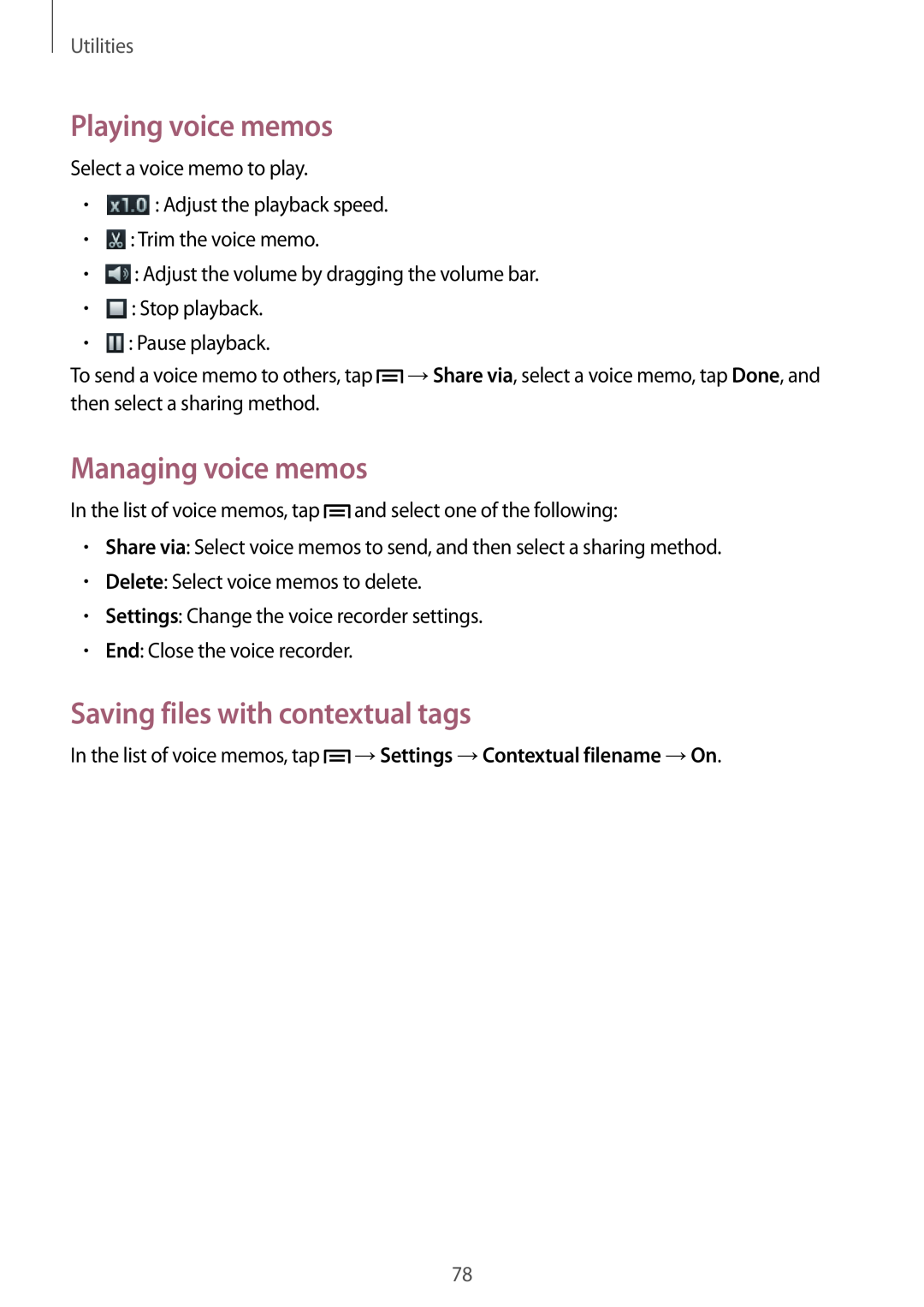 Samsung GT-S6790MKNXEF manual Playing voice memos, Managing voice memos, Saving files with contextual tags, Utilities 