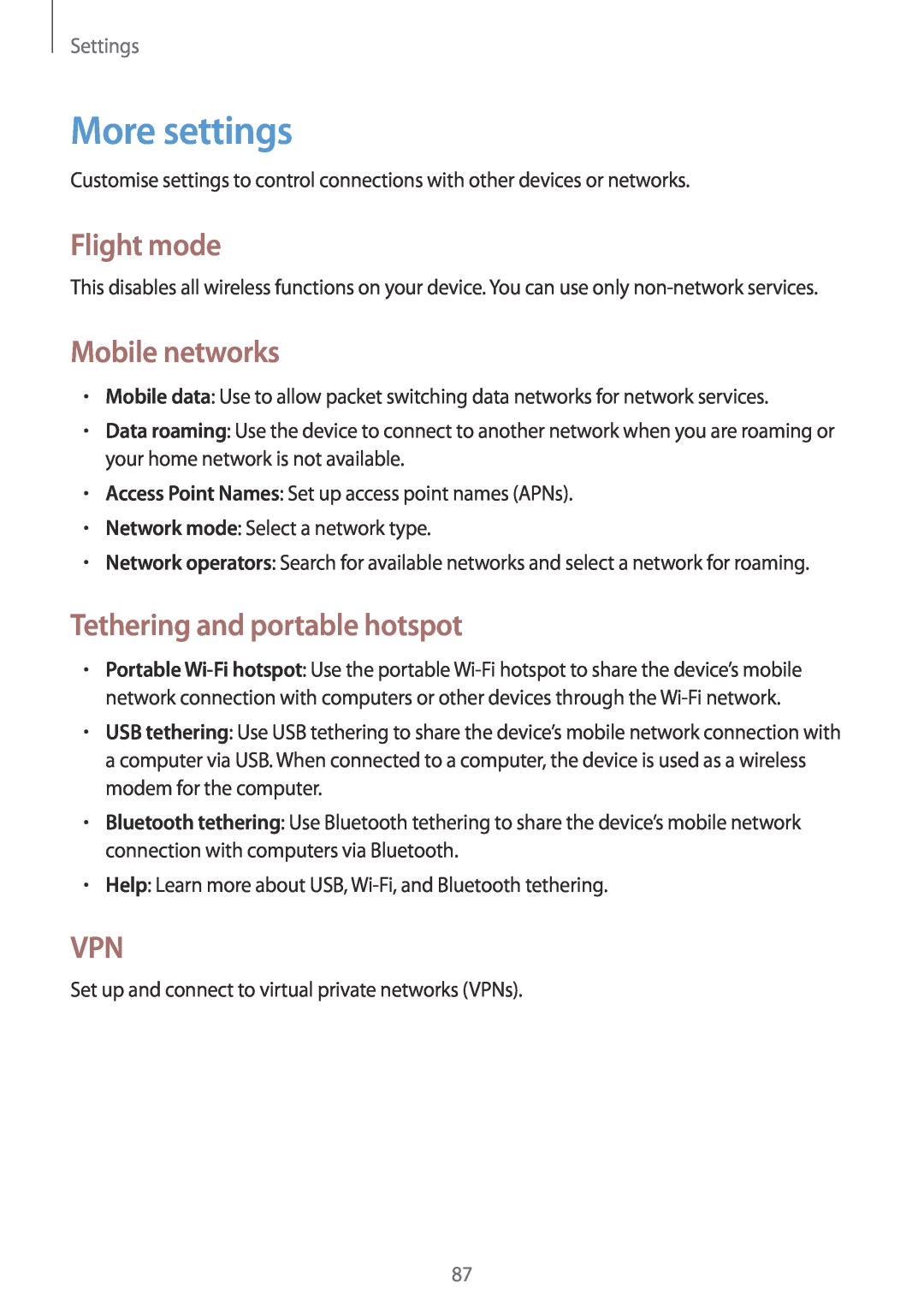 Samsung GT-S6790PWNITV manual More settings, Flight mode, Mobile networks, Tethering and portable hotspot, Settings 