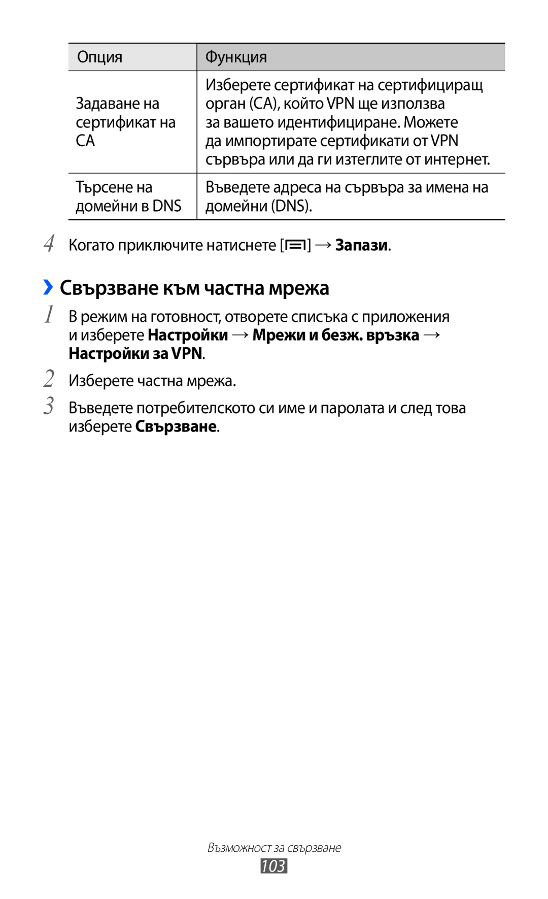 Samsung GT-S6802HKABGL manual ››Свързване към частна мрежа, 103, Опция Функция Задаване на, Орган СА, който VPN ще използва 