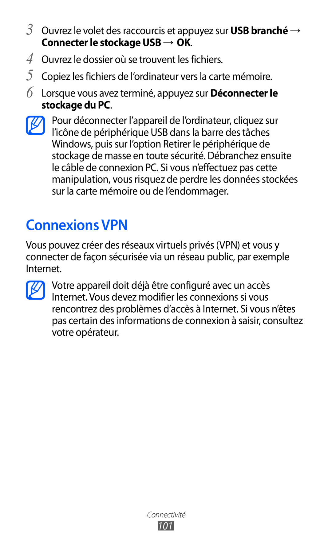 Samsung GT-S6802HKAVVT Connexions VPN, Connecter le stockage USB → OK, Ouvrez le dossier où se trouvent les fichiers, 101 