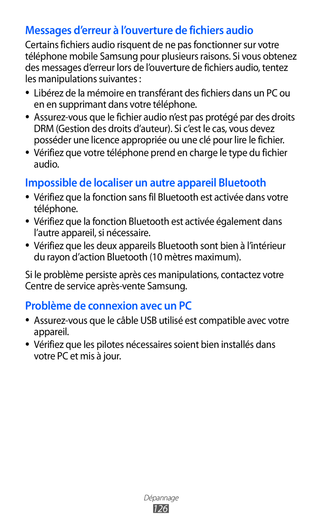 Samsung GT-S6802CWAVVT, GT-S6802CWABGL, GT-S6802HKAVVT manual Messages d’erreur à l’ouverture de fichiers audio, 126 