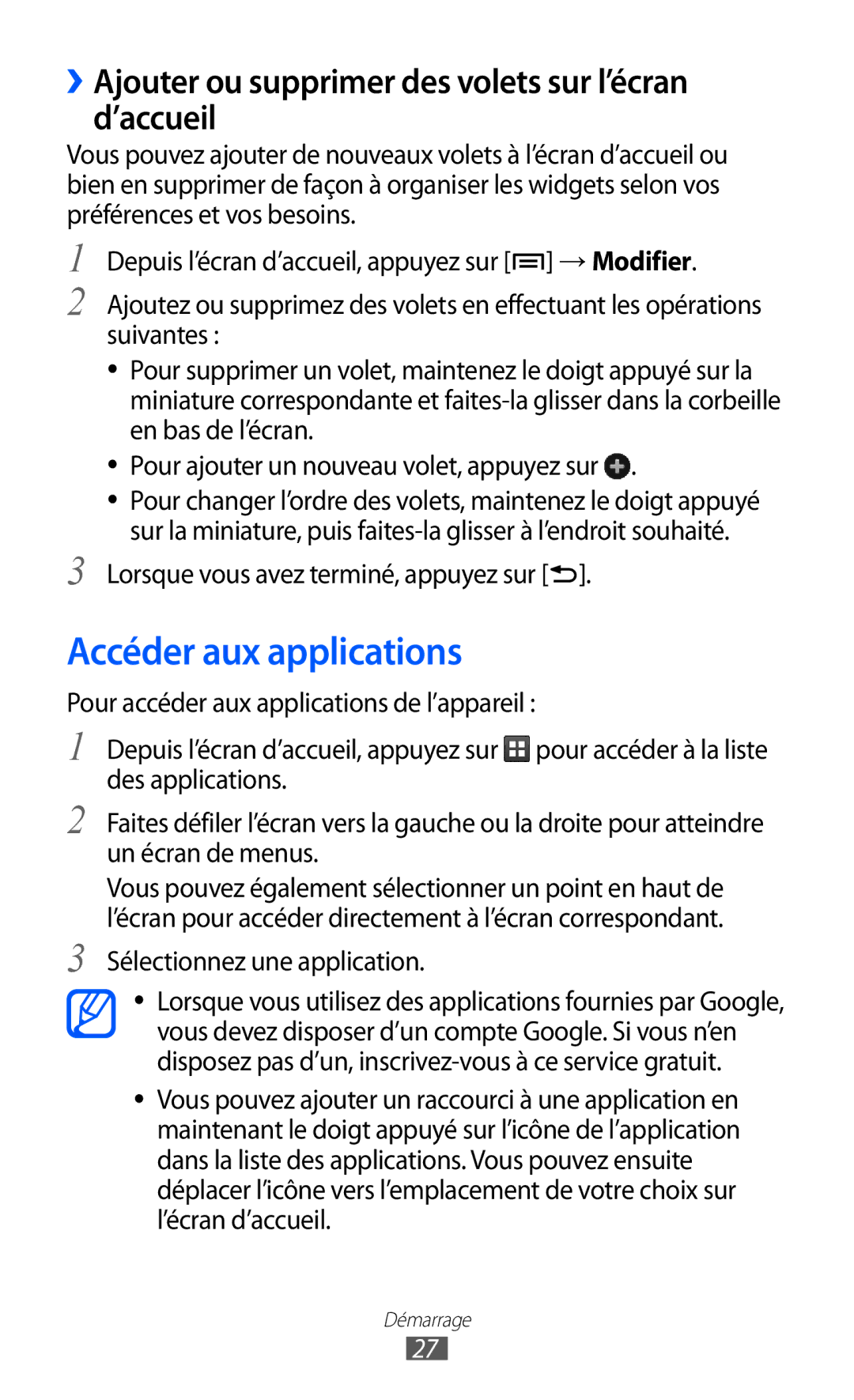 Samsung GT-S6802HKABGL, GT-S6802CWABGL Accéder aux applications, ››Ajouter ou supprimer des volets sur l’écran d’accueil 