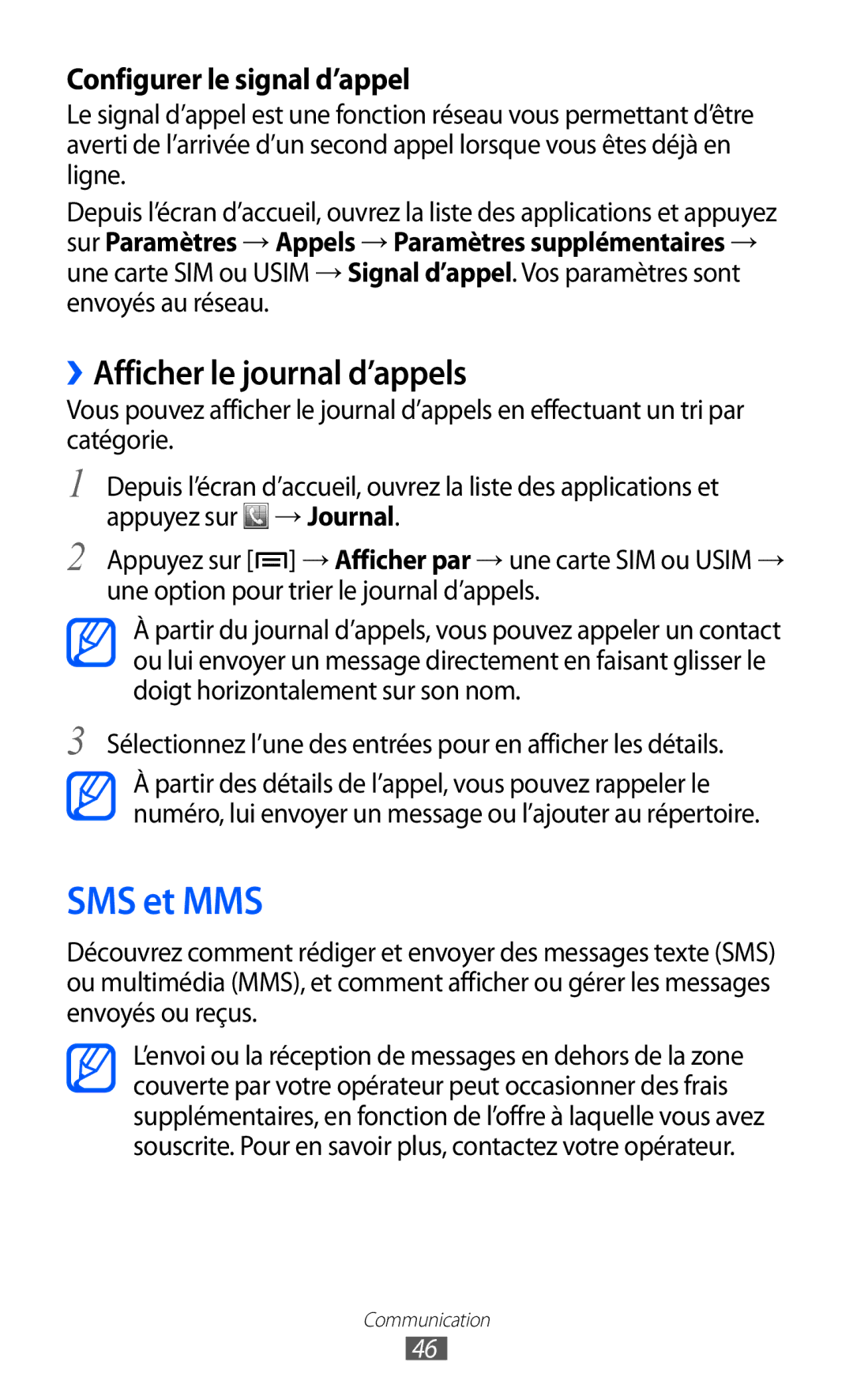 Samsung GT-S6802CWAVVT, GT-S6802CWABGL, GT-S6802HKAVVT, GT-S6802HKABGL manual SMS et MMS, ››Afficher le journal d’appels 