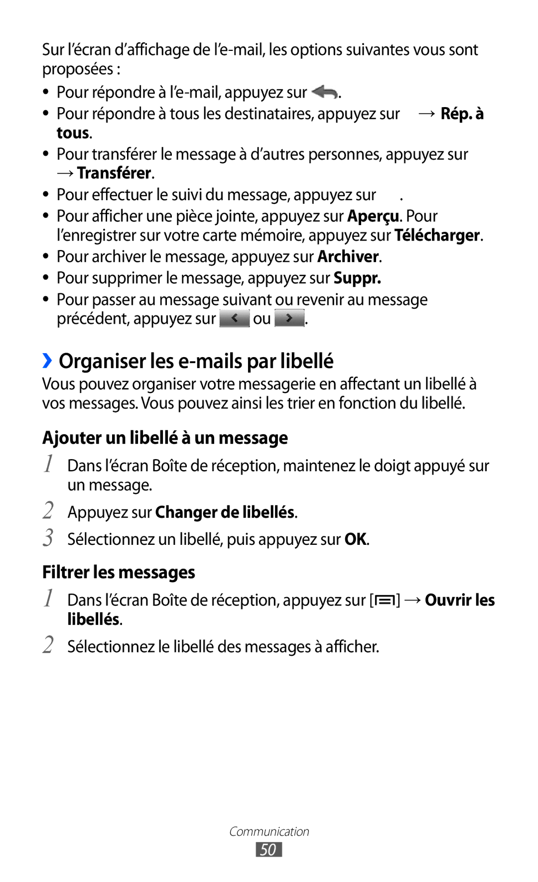 Samsung GT-S6802CWAVVT manual ››Organiser les e-mails par libellé, → Transférer, Appuyez sur Changer de libellés, Libellés 