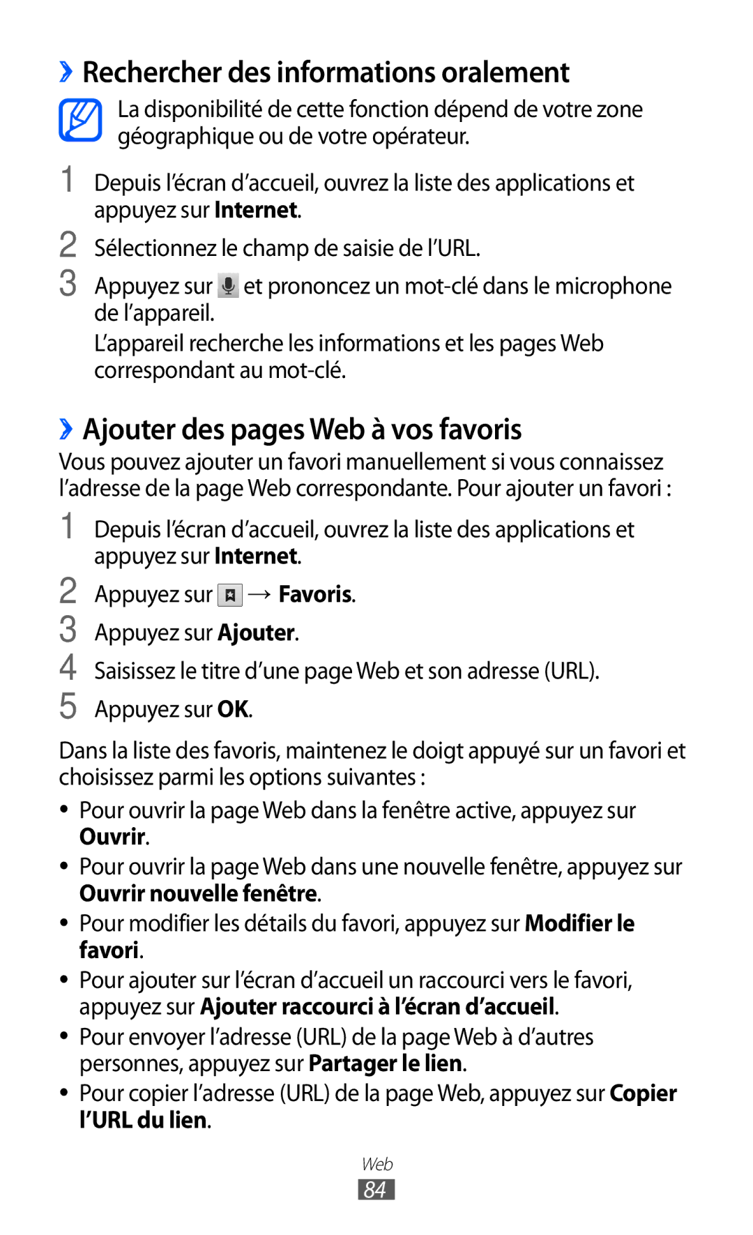 Samsung GT-S6802CWABGL manual ››Rechercher des informations oralement, ››Ajouter des pages Web à vos favoris, ’URL du lien 
