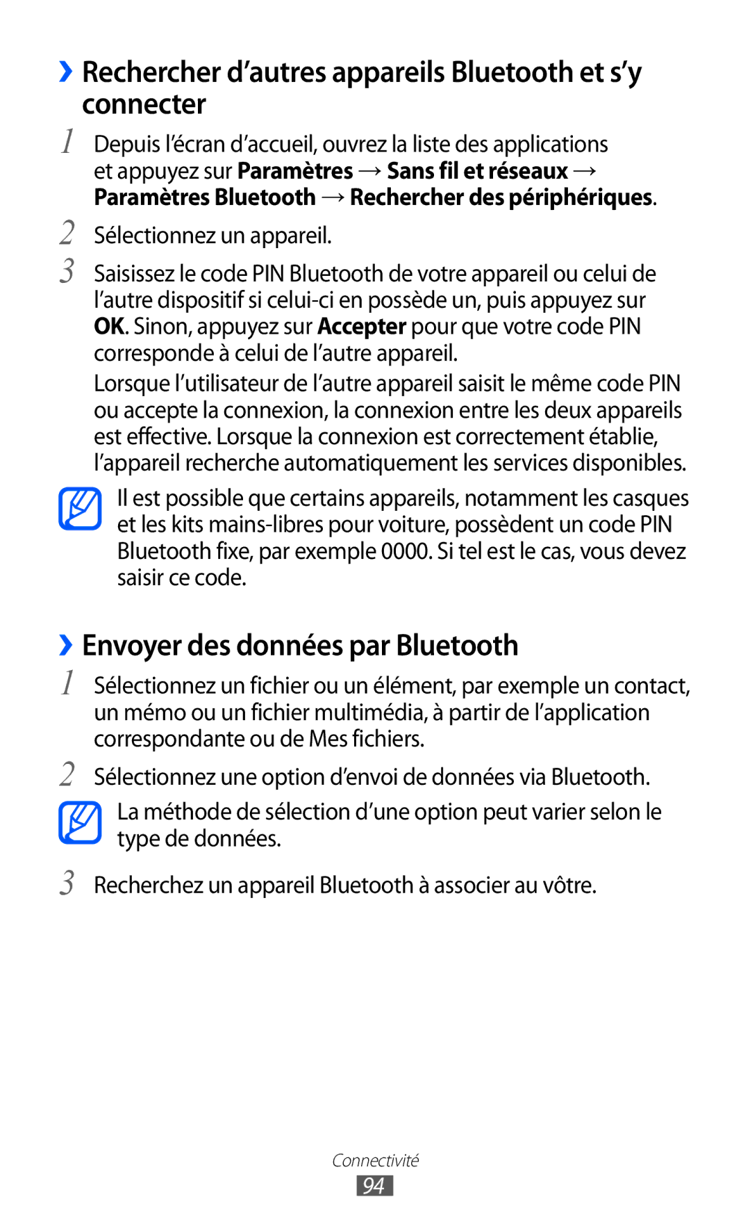 Samsung GT-S6802CWAVVT ››Rechercher d’autres appareils Bluetooth et s’y connecter, ››Envoyer des données par Bluetooth 