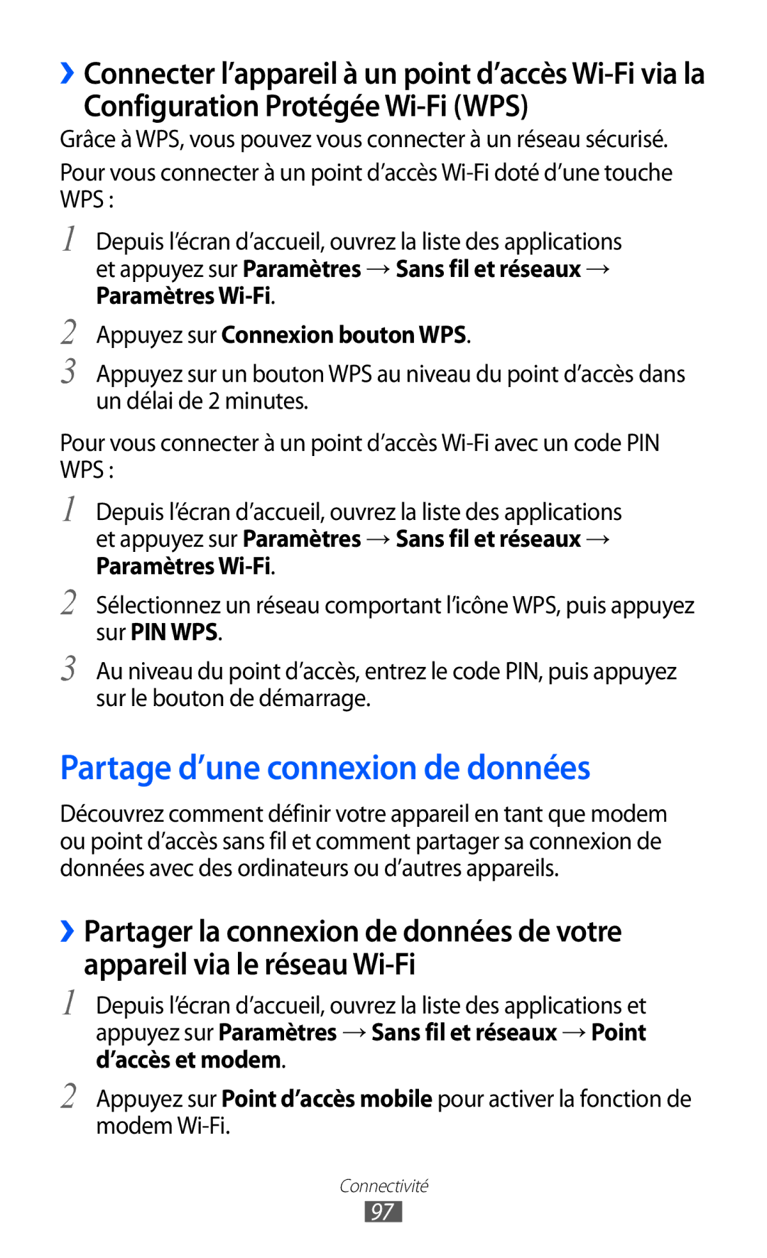 Samsung GT-S6802HKAVVT, GT-S6802CWABGL, GT-S6802CWAVVT Partage d’une connexion de données, Configuration Protégée Wi-Fi WPS 