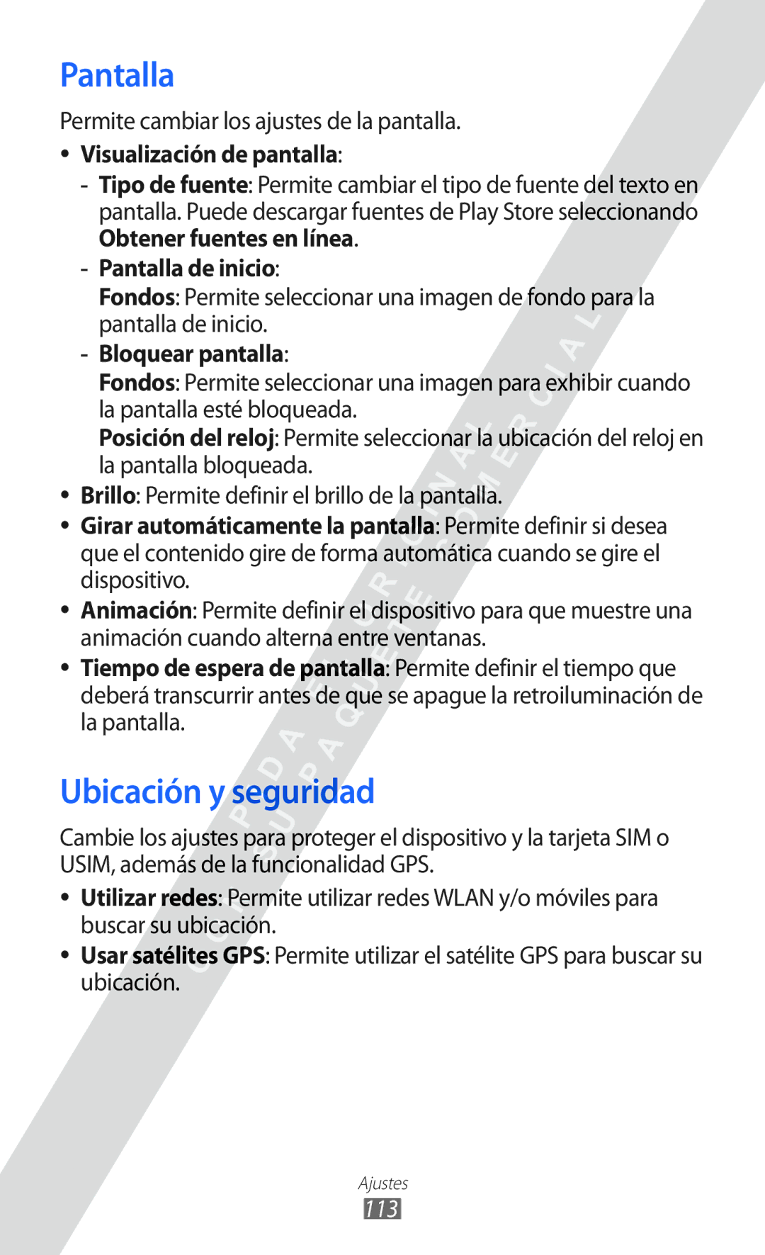 Samsung GT-S6802CWAPHE manual Ubicación y seguridad, Visualización de pantalla, Pantalla de inicio, Bloquear pantalla 