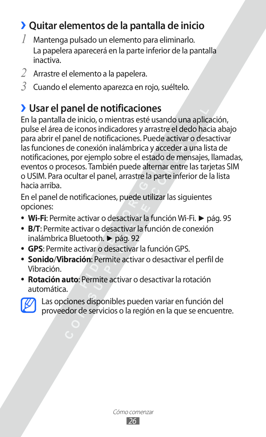 Samsung GT-S6802ZKAXEO, GT-S6802CWADBT manual ››Quitar elementos de la pantalla de inicio, ››Usar el panel de notificaciones 