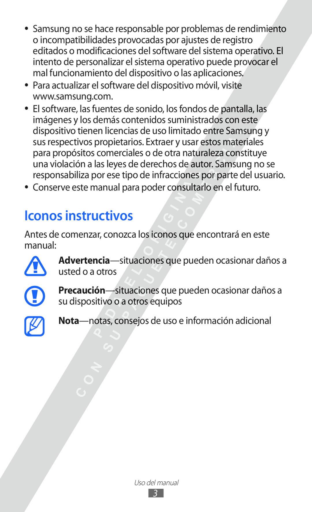 Samsung GT-S6802CWACOA, GT-S6802CWADBT Iconos instructivos, Conserve este manual para poder consultarlo en el futuro 