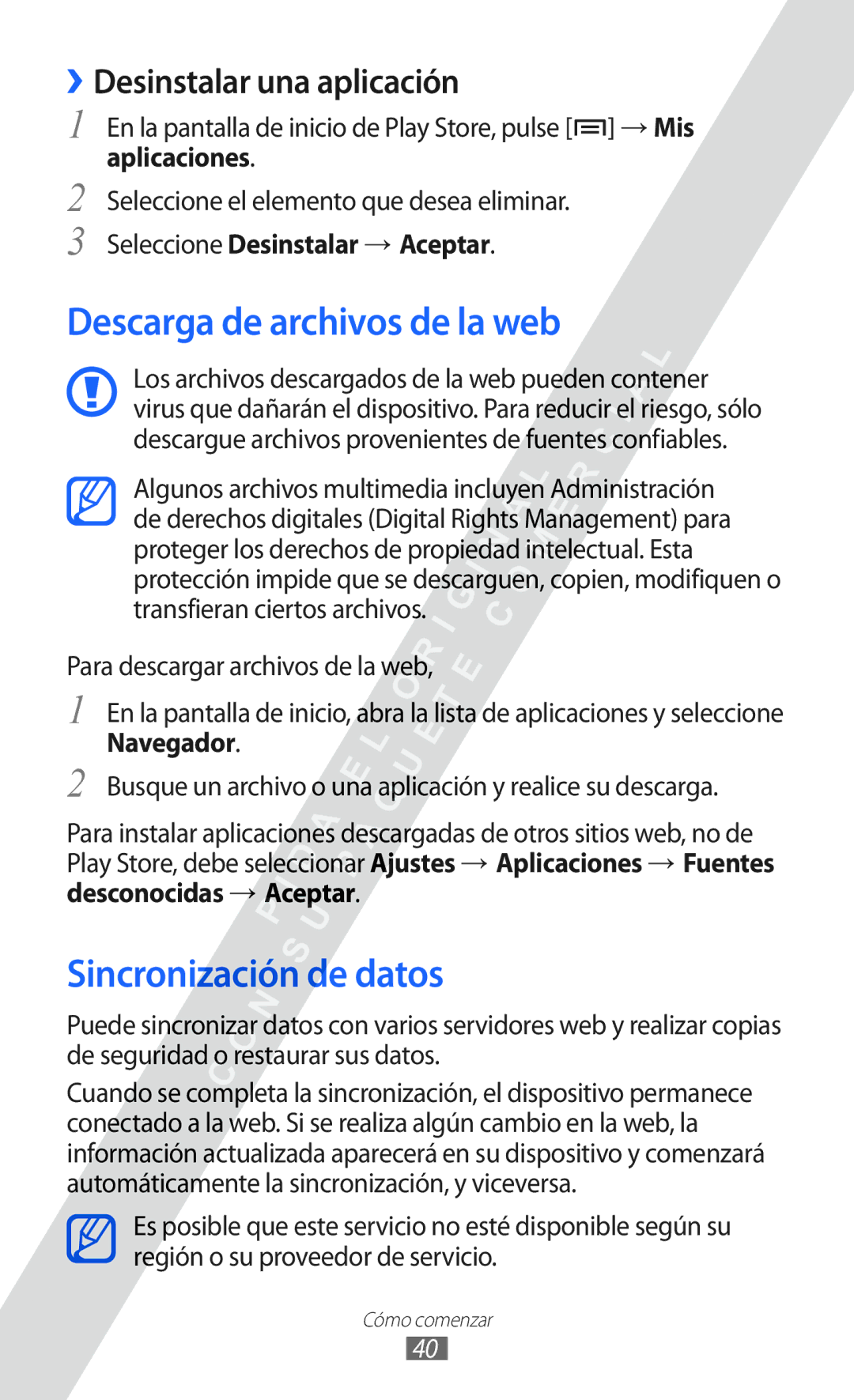 Samsung GT-S6802CWADBT manual Descarga de archivos de la web, Sincronización de datos, ››Desinstalar una aplicación 