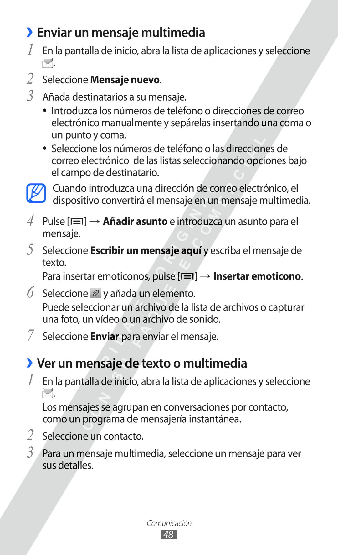 Samsung GT-S6802CWADBT, GT-S6802CWAPHE manual ››Enviar un mensaje multimedia, ››Ver un mensaje de texto o multimedia 